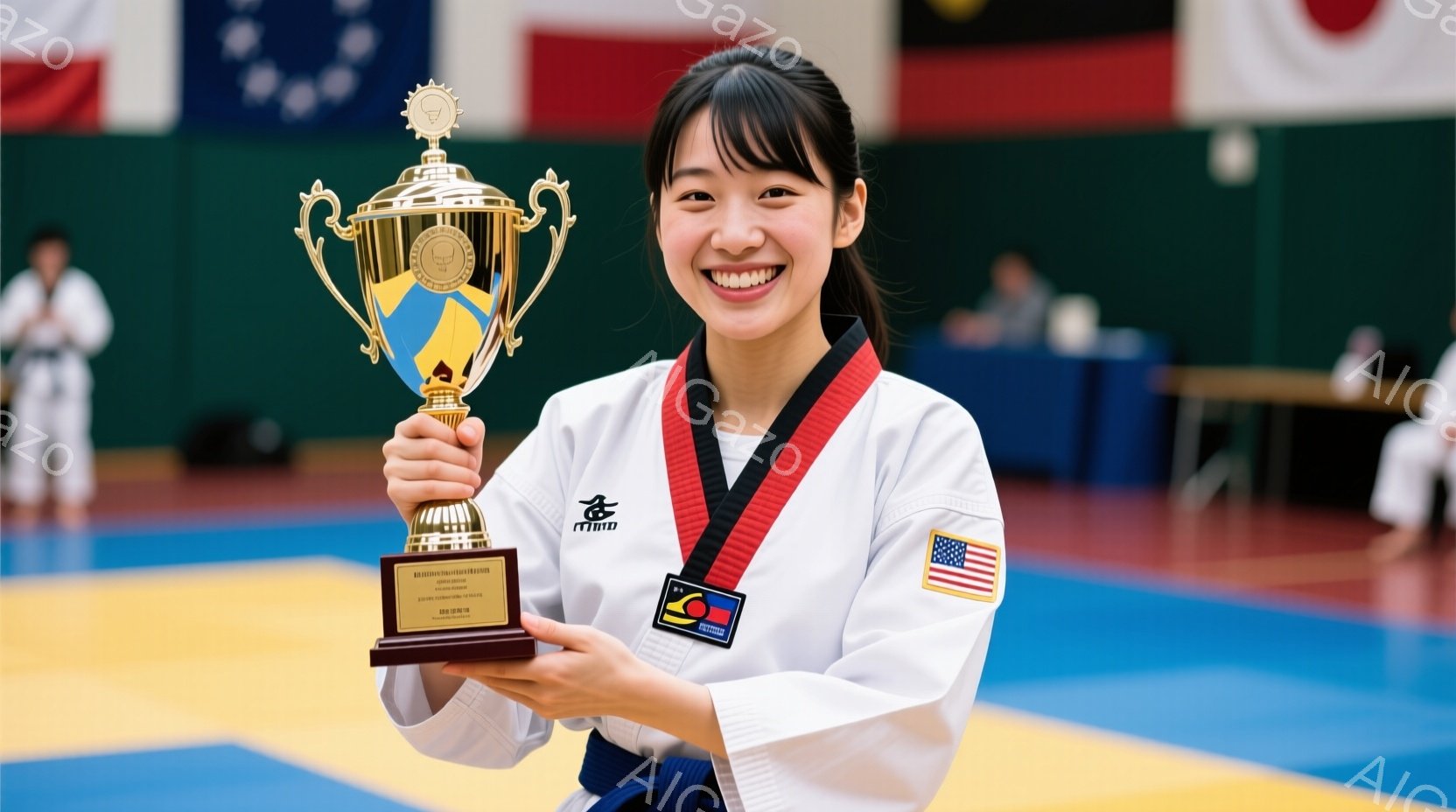 空手着を着た若い女性が、金色のトロフィーを両手で高く掲げて笑顔を浮かべている。彼女は黒い髪を後ろで束ね、胸には武道のバッジが付いている。背景には、他の武道家が練習しており、様々な国の旗が飾られている体育館のような場所だ。