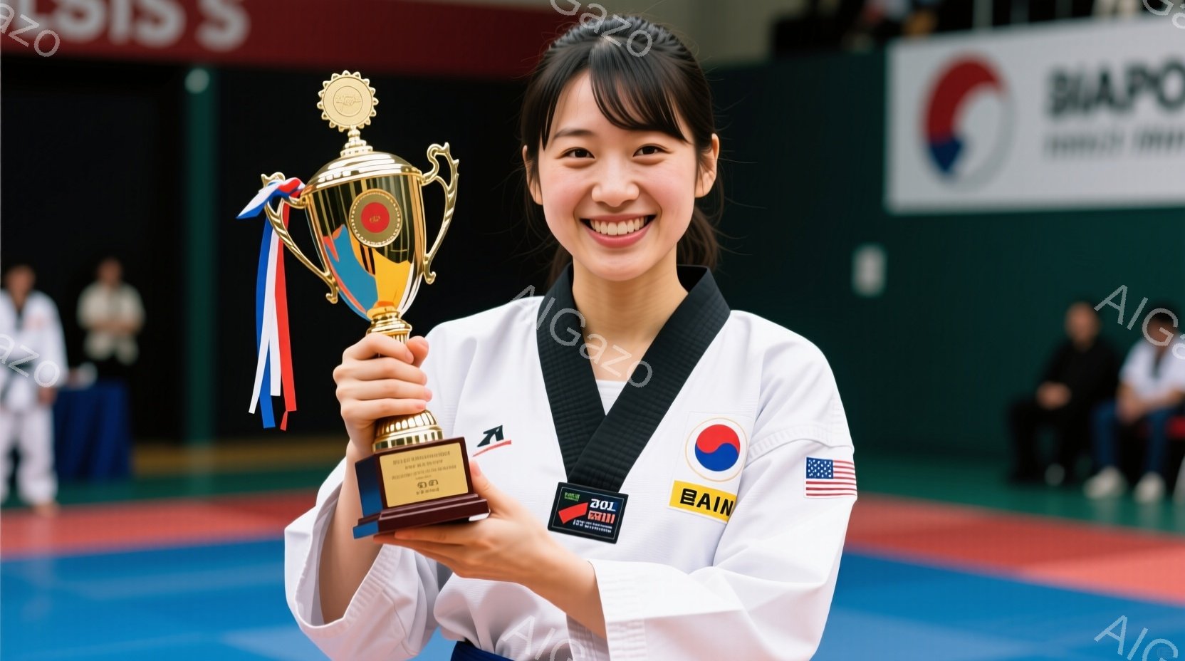 茶道の着物を着て、トロフィーを高く掲げている若い女性を描写しています。彼女は笑顔で、茶色の髪は肩の高さで、道着にはアメリカと韓国の国旗のバッジが付いています。背景には、他の参加者や観客がぼやけており、競技会場のような体育館の床が見えます。