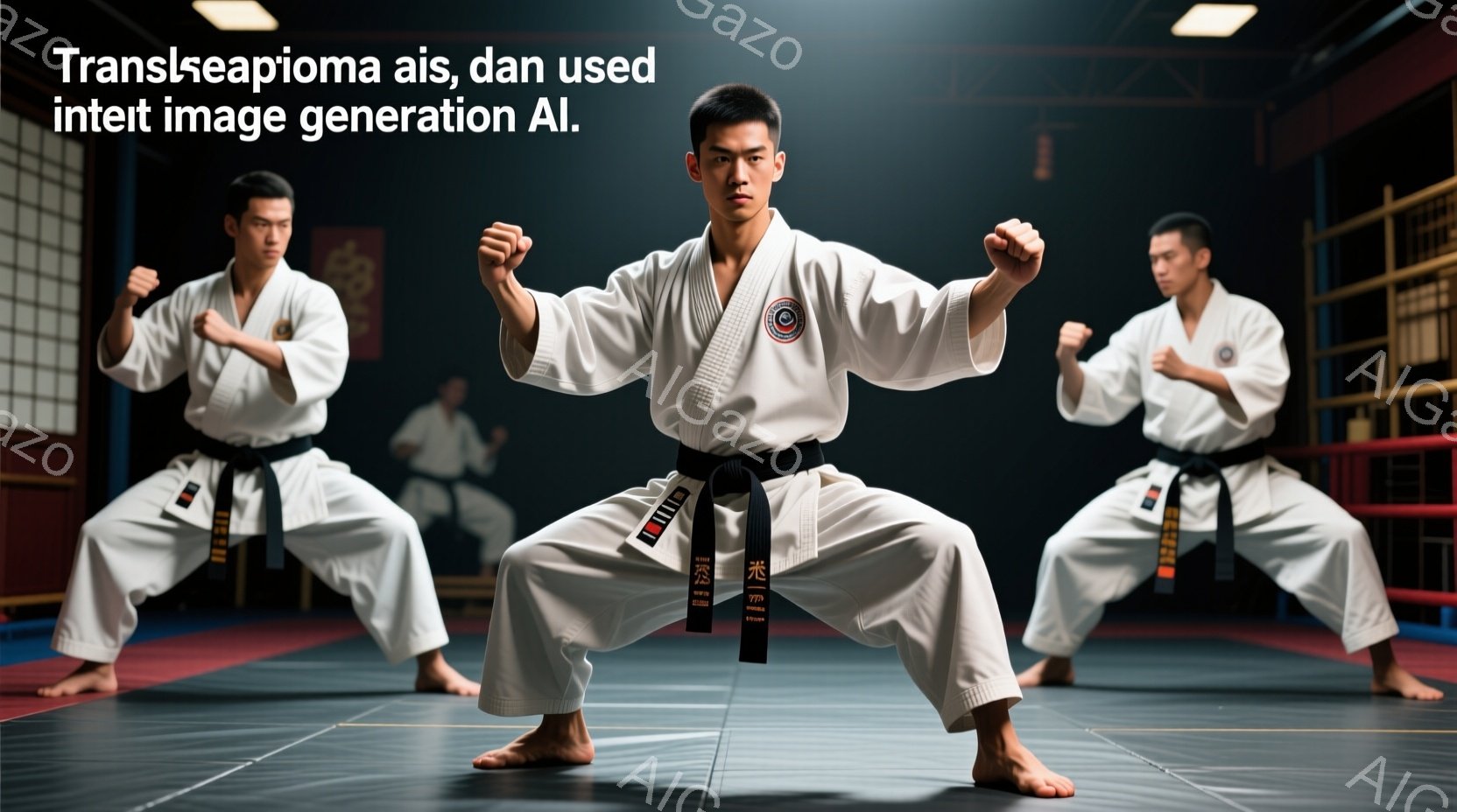 空手着を着用した複数の男性が写っている。彼らは皆、黒帯を締め、構えを取っており、真剣な表情で互いに向き合っている。背景には、武道のトレーニングジムのような室内空間が広がっており、集中と緊張感が漂う。