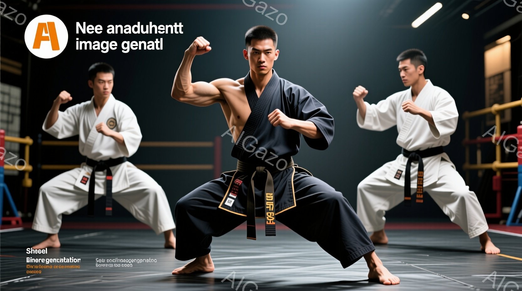 空手着を着用した３人の男性が写っている。中央の男性は、力強く構え、筋肉質な体格を強調している。背景は、リングのような競技場であり、緊張感と集中力を感じさせる雰囲気である。