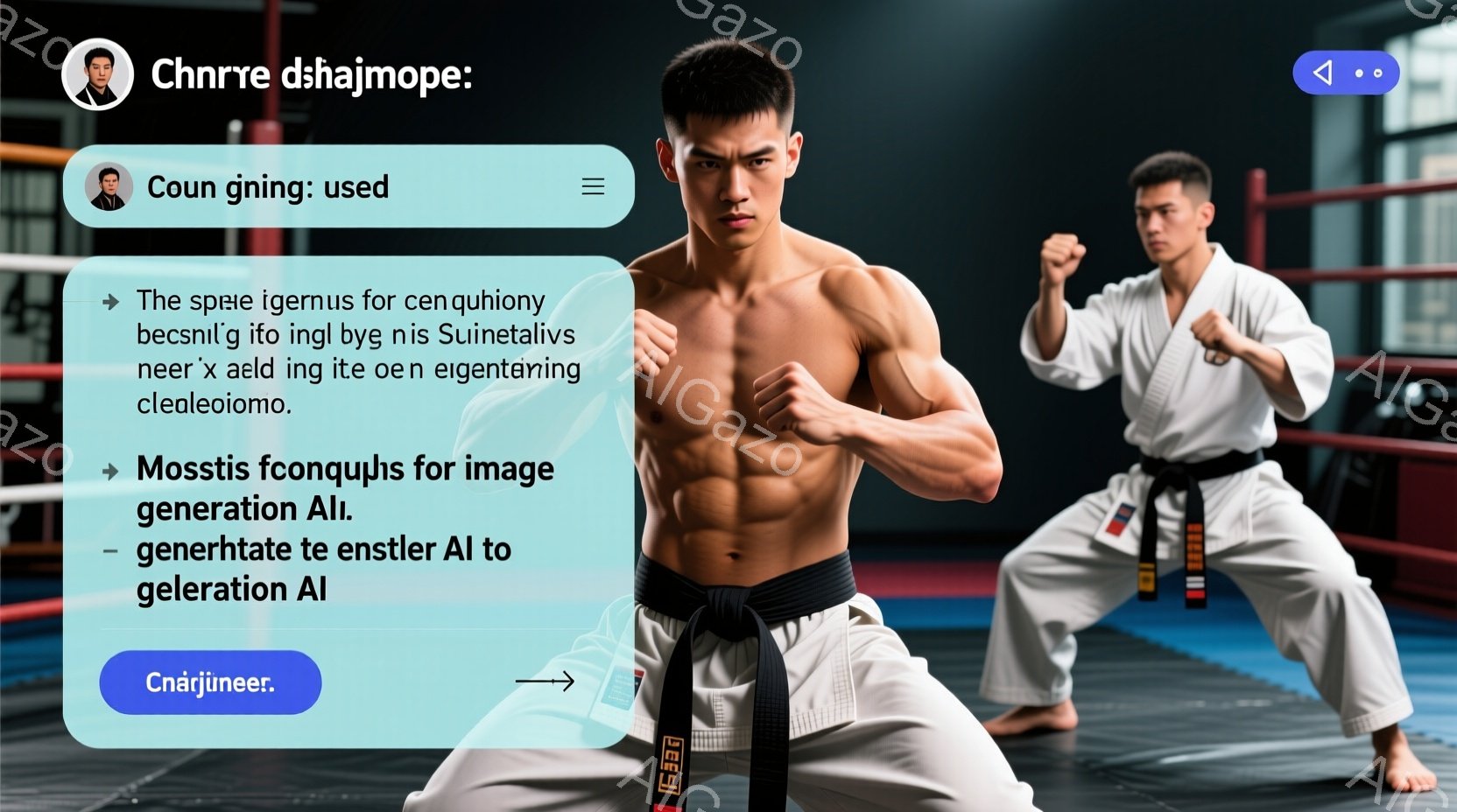 武道着を着用した若い男性が写っています。彼は黒帯で、力強い構えで腕を伸ばし、集中した表情をしています。背景は武道場のような室内で、床はマットで覆われ、薄暗い照明が緊張感を高めています。