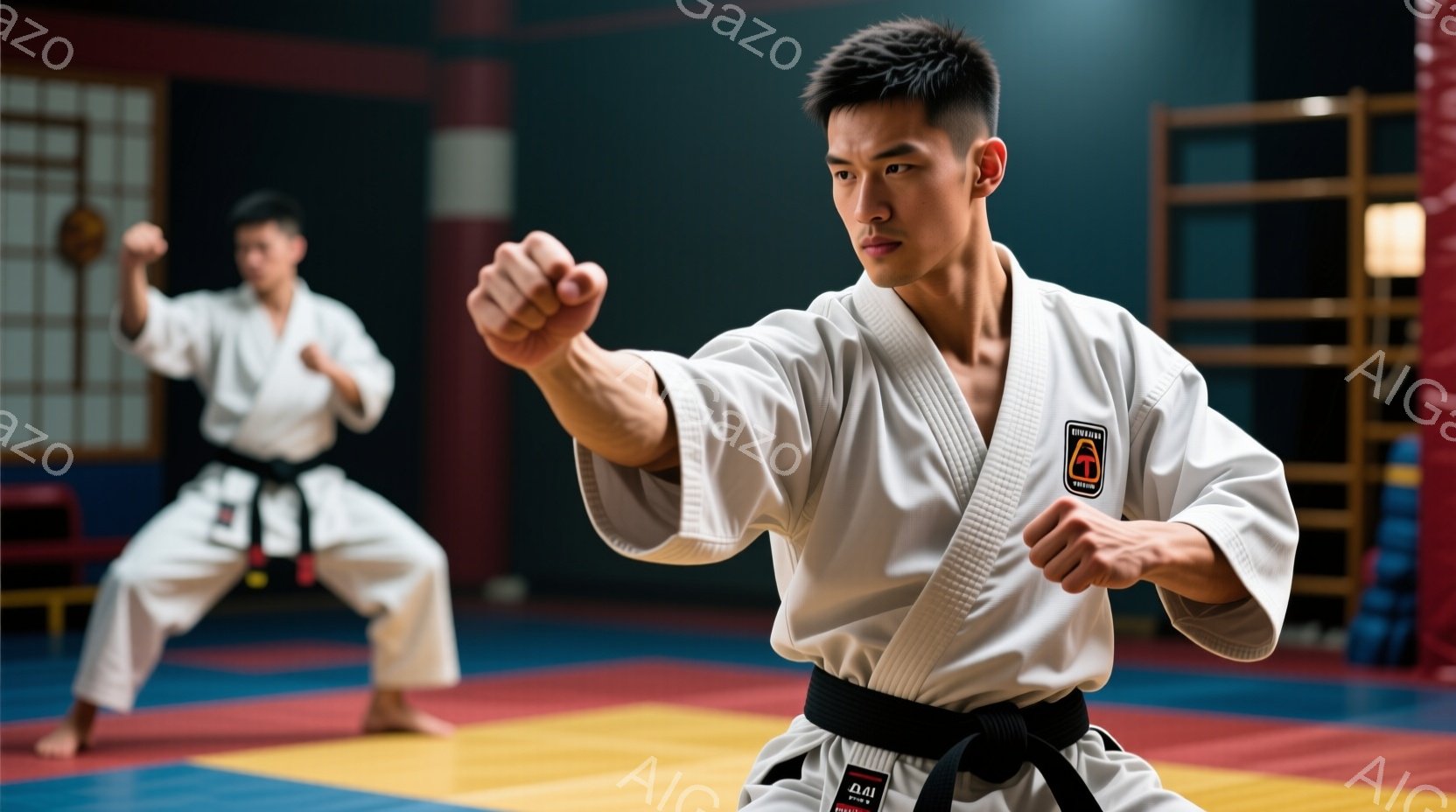 空手着を着た若い男性が、構えで拳を突き出している。彼は黒帯を締めており、真剣な表情で集中している。背景には、別の空手着を着た男性が少しぼやけており、柔道マットの上で練習している様子がうかがえる。 - AI生成フリー素材