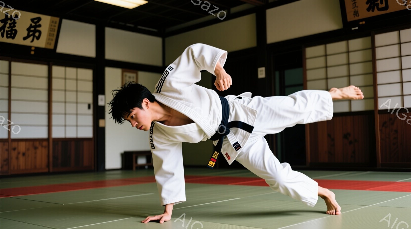 柔道着を着た若い男性が、畳の柔道場の中で技の練習をしている様子が写っている。彼は片手と片足で体を支え、もう一方の足は後ろに伸ばし、鋭い視線で前を見据えている。背景には木製の壁と、書道のような文字が書かれた掛け軸が見え、伝統的な雰囲気が漂っている。