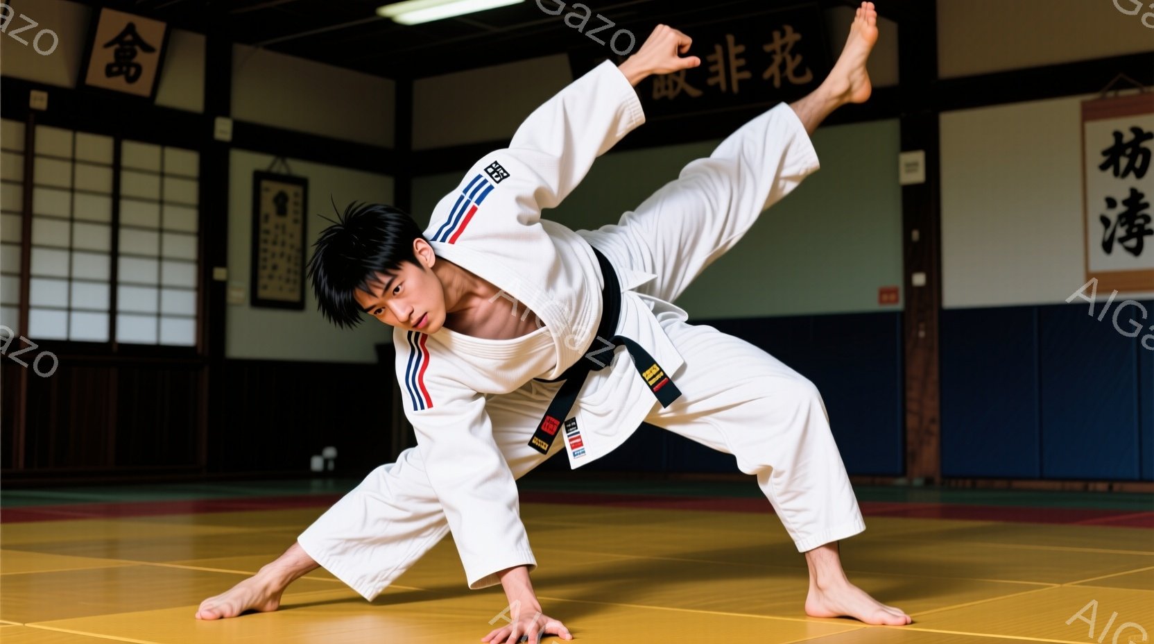 空手着を着た若い男性が、柔道または空手の練習中にダイナミックな姿勢をとっています。彼は片足を高く上げ、体を大きく曲げ、床に両手を着いてバランスを取っています。背景には畳の床と、書道のような文字が描かれ - AI生成フリー素材