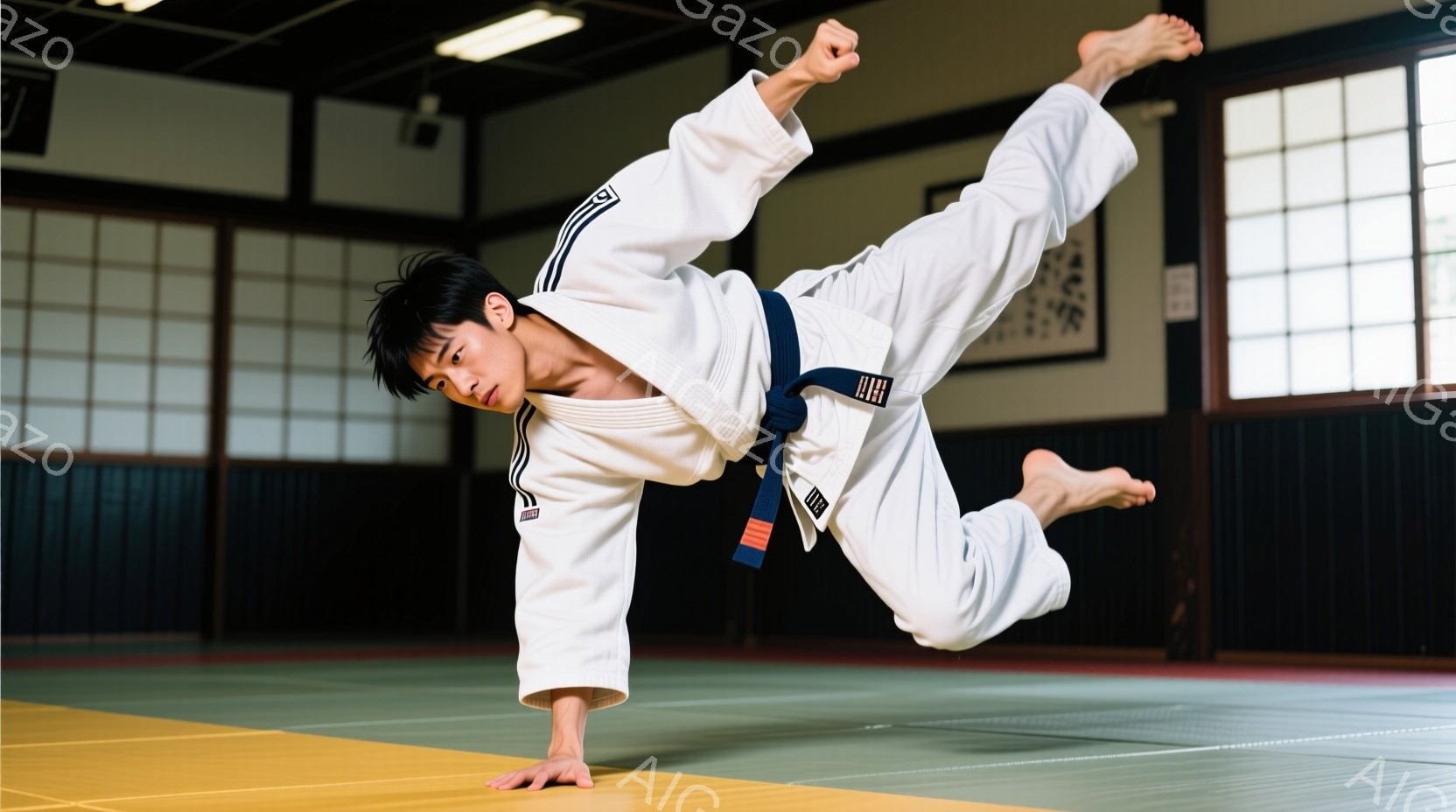 白い柔道着に黒帯を締めた若い男性が、武道場で技を繰り出している瞬間を捉えた写真です。彼は片手と片足で体を支え、もう片方の足を高く上げ、ダイナミックな姿勢で技を完成させようとしています。背景には畳敷きの - AI生成フリー素材