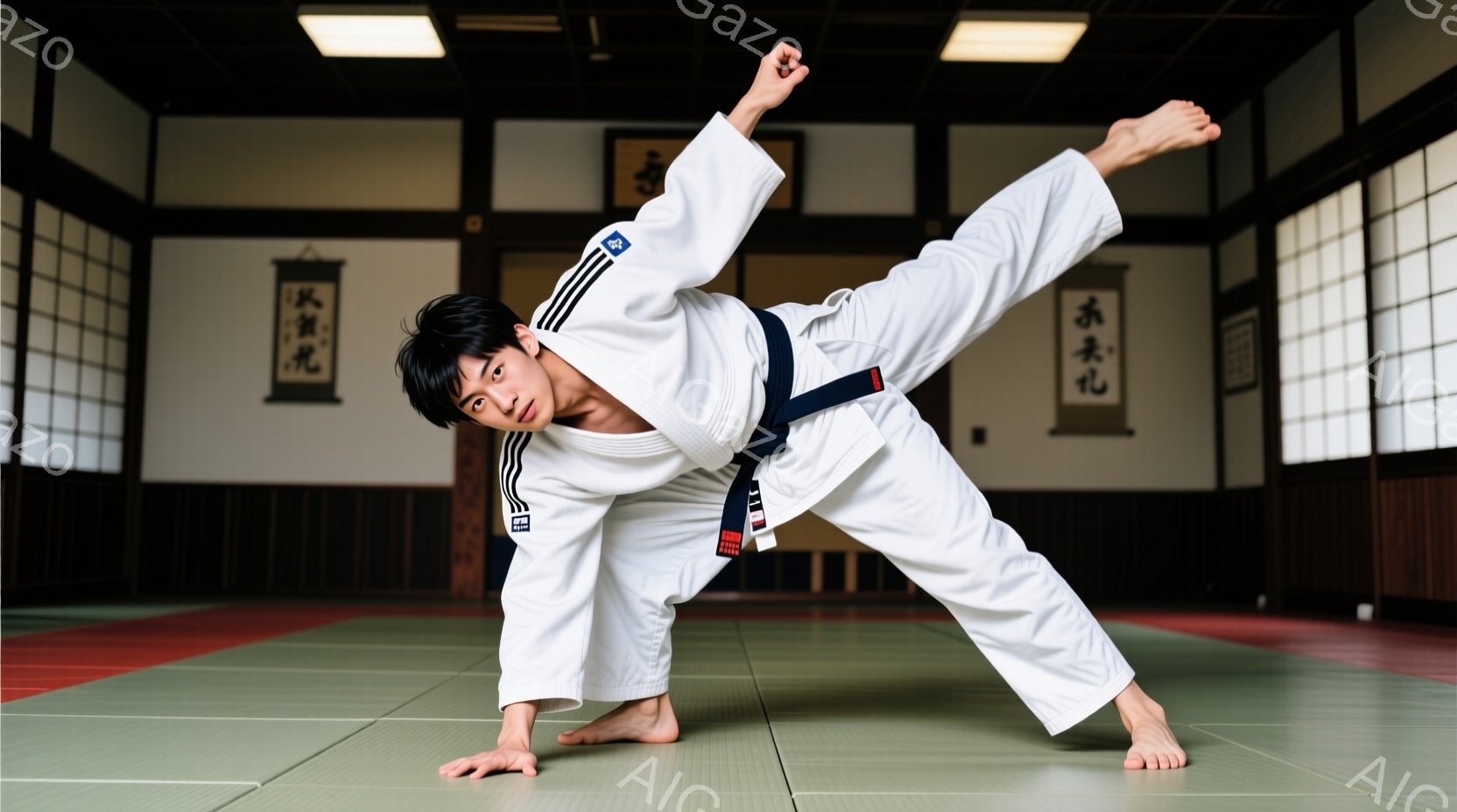 武道着を着た若い男性が、柔道の技の最中に写っている。彼は片膝を高く上げ、片手を床につけ、身体を大きく傾けている。背景は畳敷きの武道場であり、壁には書道が飾られており、集中と鍛錬の雰囲気が漂っている。