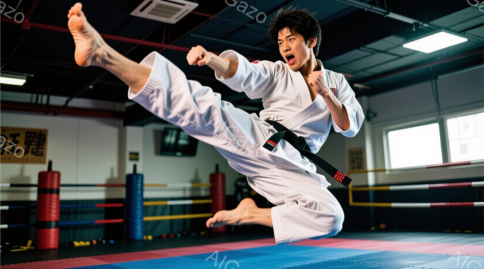 空手着を着た男性が、空中での蹴り技を披露している。彼は黒帯を締めており、力強い表情と、高く上げた足が印象的だ。背景は畳があり、壁にはトレーニング用のパッドが並び、空手道場であることがわかる。