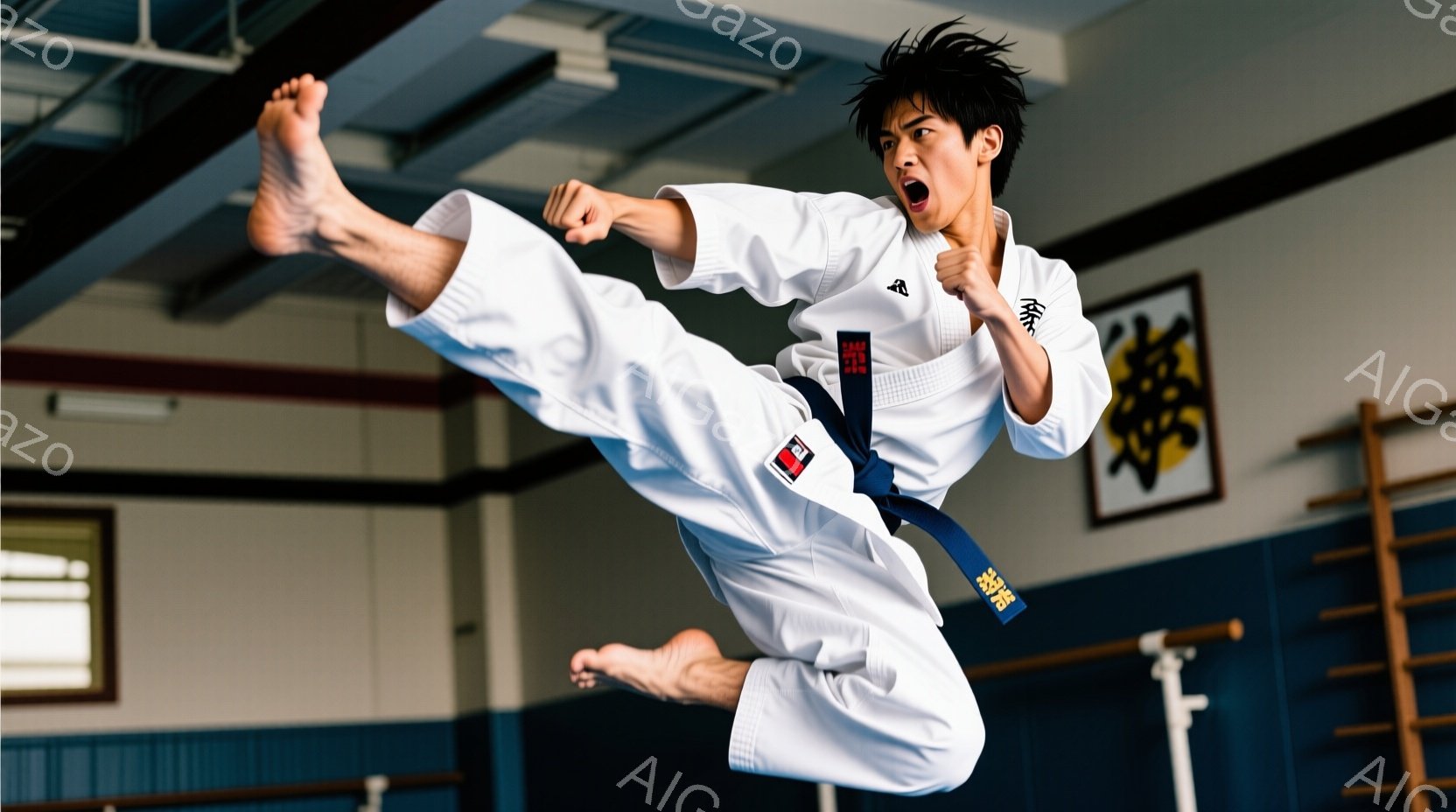 空手着を着た若い男性が、空中で技を繰り出している写真です。彼は白い空手着に黒帯を締め、髪は短く整えられています。背景には壁と体育館のような空間が写っており、集中した表情で技に臨む姿が印象的です。