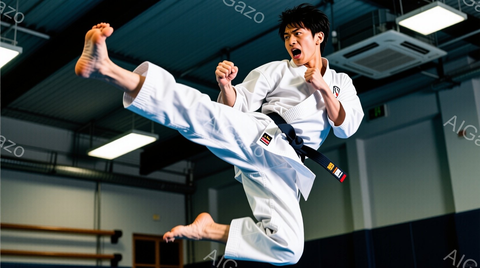空手着を着た若い男性が、宙を舞い、右足で高い蹴りを繰り出しています。彼は黒帯で、顔は集中と力強さが表れており、口は開いています。背景は畳敷きの道場のような室内で、天井には蛍光灯があり、壁は薄いグレー色をしています。
