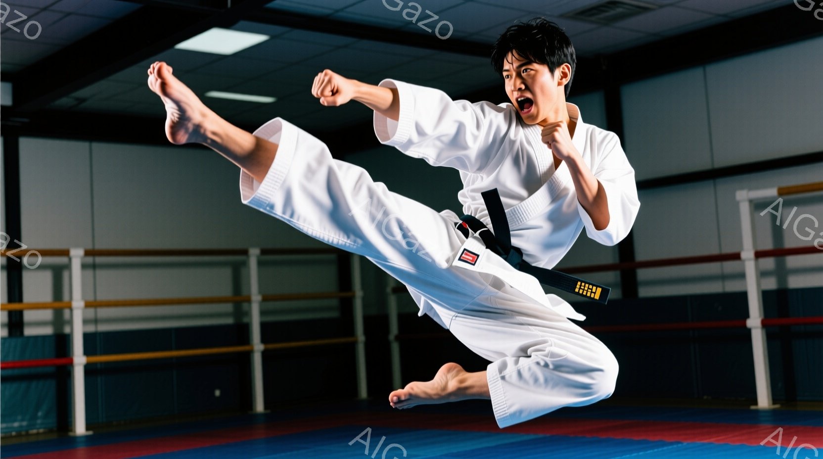 空手着を着た若い男性が、空中でダイナミックな蹴りを繰り出しています。彼は黒帯で、集中した表情で、片足を高く上げ、力強く技を繰り出しています。背景は空手道場のような畳の敷かれたスペースで、壁にはマットが貼られています。