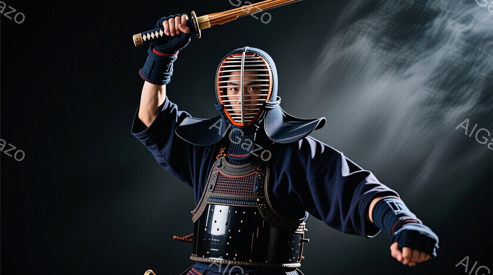 剣道着を身につけた人物が、構えを取って刀を高く掲げています。黒色の面、胴、袴、手甲を着用し、真剣な表情を隠しています。背景は暗く、かすかに煙のようなものが漂っており、集中した雰囲気を醸し出しています。