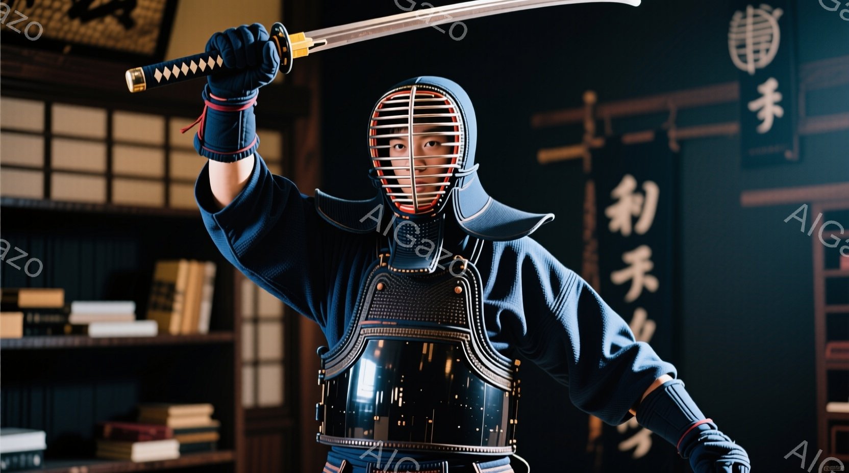 剣道着を身につけた人物が、竹刀を高く掲げて立っている。兜（かぶと）と面（めん）で顔を覆い、表情は読み取れないが、凛々しい姿勢が印象的だ。背景には書道が飾られた壁と本棚があり、伝統的な雰囲気を醸し出している。