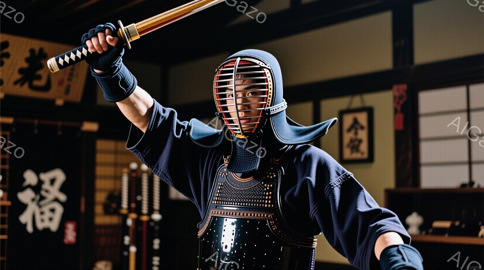 剣道着を身につけた男性が、竹刀を高く掲げて構えをとっています。兜（かぶと）を被り、真剣な表情で集中している様子が伺えます。背景には畳敷きの部屋と、掛け軸や武具が飾られた日本の伝統的な空間が広がっており、静かで厳かな雰囲気が漂っています。