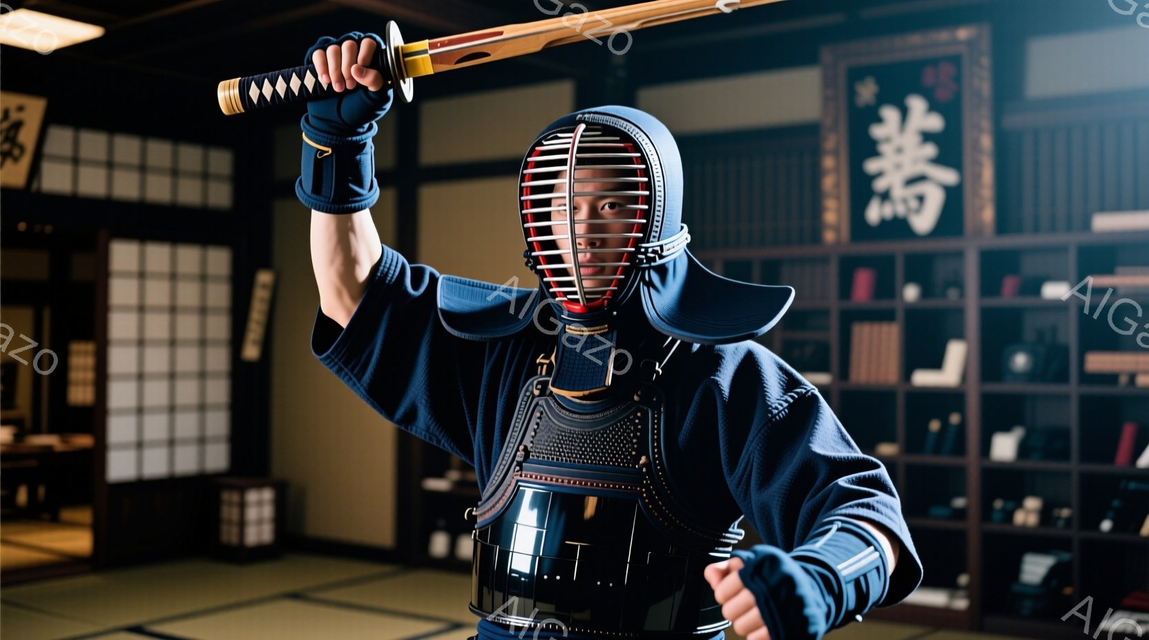 剣道の防具を身につけた男性が写っている。彼は紺色の道着と防具を着用し、右手を上げて剣を構えている。背景には畳の部屋と書道作品が飾られており、武道の精神を感じさせる厳粛な雰囲気が漂っている。