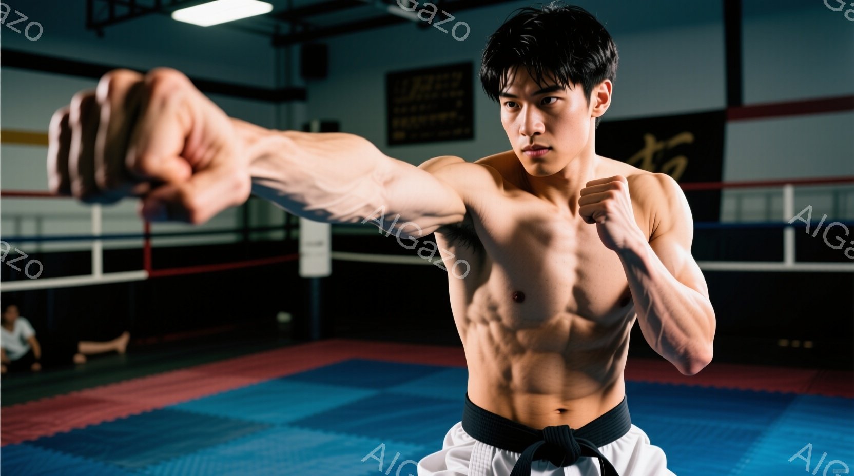 逞しい肉体を持つ男性が、空中でパンチを繰り出している様子が写っている。彼は白い道着と黒帯を締めており、力強い表情で集中している。背景はボクシングジムのような畳とリングで、練習風景がうかがえる。