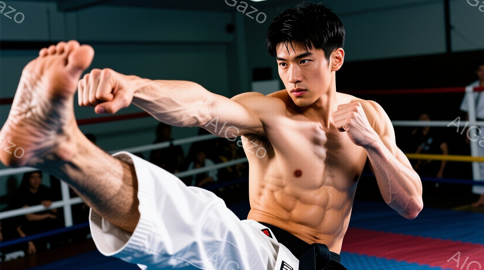 白い道着を着た男性が、空中で前蹴りを繰り出している姿が捉えられています。引き締まった肉体と鋭い眼光が印象的で、真剣な表情で技に集中しています。背景は柔道場のような場所で、畳の床と観客席が見え、集中と緊張感が漂う雰囲気です。