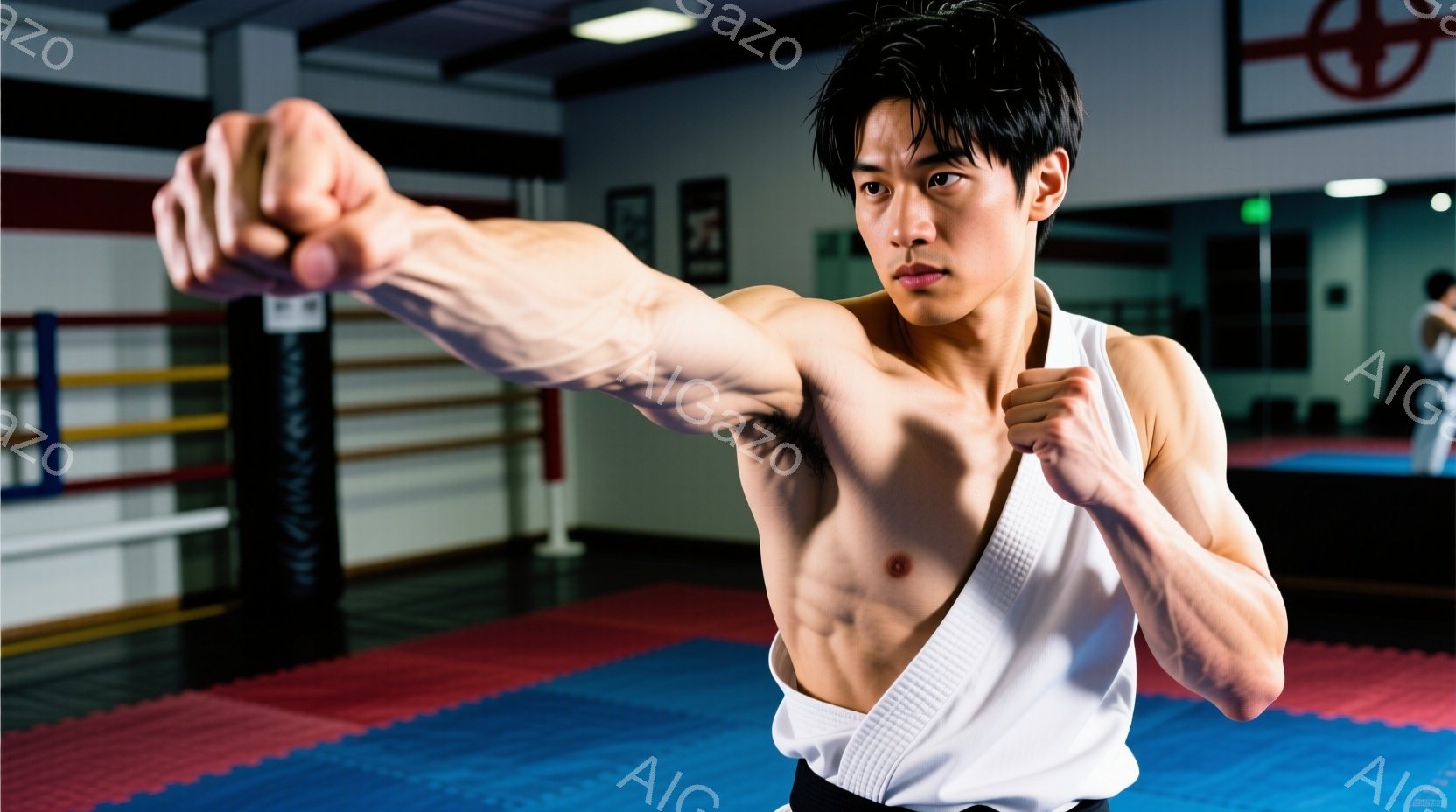 若い男性が武道場のような場所で、白い道着を着て構えをとっている。筋肉質な体格で、右手を前に突き出し、真剣な表情で睨みつけている。背景には畳と壁があり、他の人物もわずかに確認できる、集中と緊張感が漂う雰囲気である。