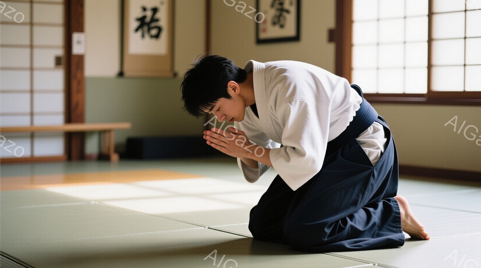 柔道着を着た若い男性が畳の上で正座し、両手を合わせて礼をしている。彼の表情は謙虚で集中しており、黒髪は短く整えられている。背景には木製の台と掛け軸が見え、静かで落ち着いた雰囲気の道場であることがわかる - AI生成フリー素材