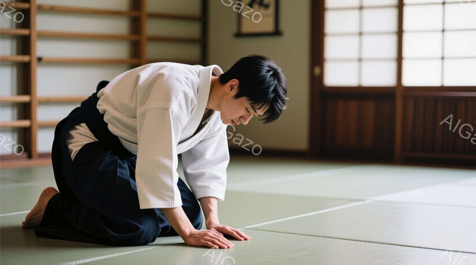 柔道着を着た若い男性が、畳の上で正座し、頭を下げています。彼は黒髪で、真剣な表情で床を見つめており、集中している様子が伺えます。背景には木製の壁と柔道の掛け軸があり、伝統的な道場の静かで厳粛な雰囲気が漂っています。