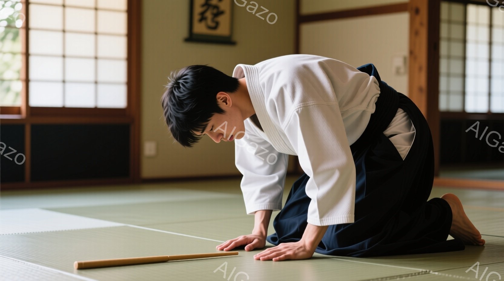 柔道着を着た若い男性が畳の上に膝をついて、地面を見つめている。彼は黒髪で、真剣な表情をしている。背景には障子窓と掛け軸が見え、柔道の道場のような静かで厳かな雰囲気が漂っている。