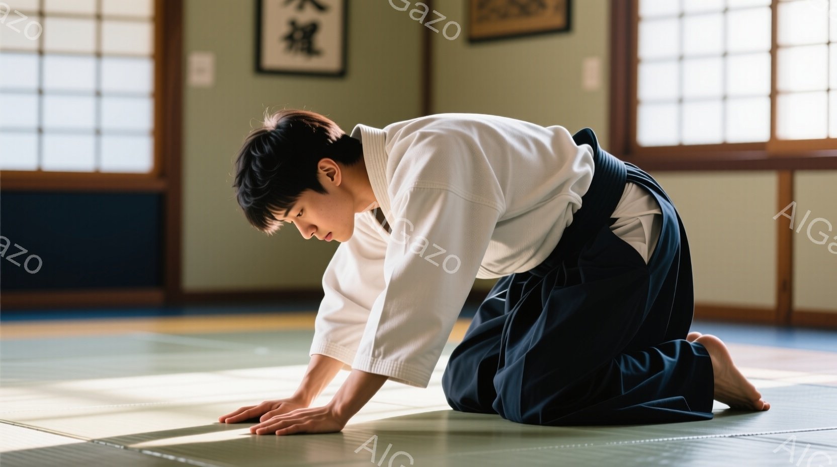 柔道着を着た男性が畳の上で四つん這いになっている。彼は黒い帯をしており、前かがみで何かを集中して見ているような姿勢をとっている。背景には障子窓があり、室内は柔道場のような雰囲気で、静かで集中した空気を感じさせる。