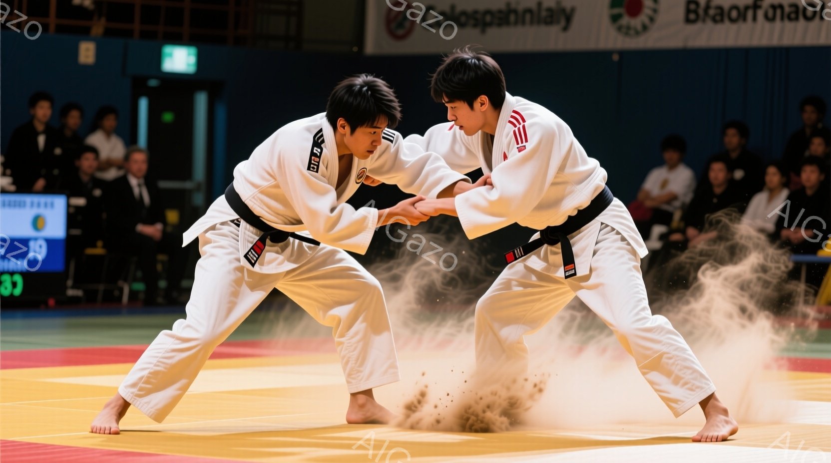 柔道着を身につけた二人の男性が、競技中の激しい攻防を繰り広げている様子が写っている。片方の男性は、相手の襟を掴み、もう片方の男性は、相手の腕を掴み、互いに組み合っている。背景には観客席や建物が見え、競技場の熱気と緊張感が伝わってくる。