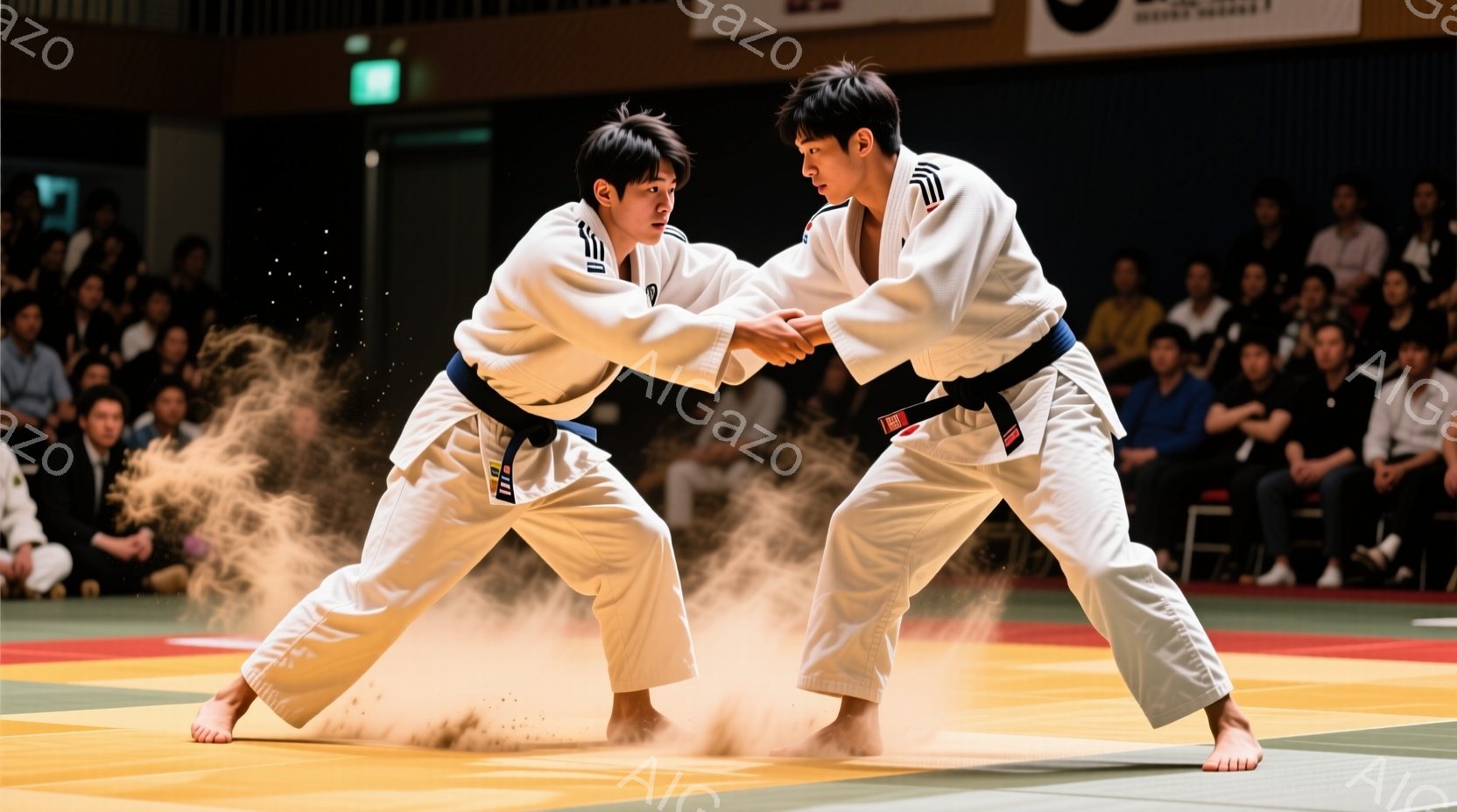柔道着を着た二人の男性が、畳の上で激しい攻防を繰り広げています。彼らは互いに組みつき、力強く相手を倒そうとしており、足元には畳の埃が舞い上がっています。背景には観客席が見え、会場全体が熱気に包まれている様子が伺えます。