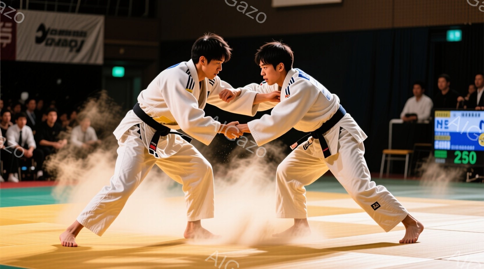柔道着を着用した二人の男性が、競技マットの上で激しい組み合いをしている様子が写っている。彼らは互いに強く組み合い、足元には柔道マットの砂埃が舞っている。背景には観客席が見え、競技会場の熱気と緊張感が伝わってくる。