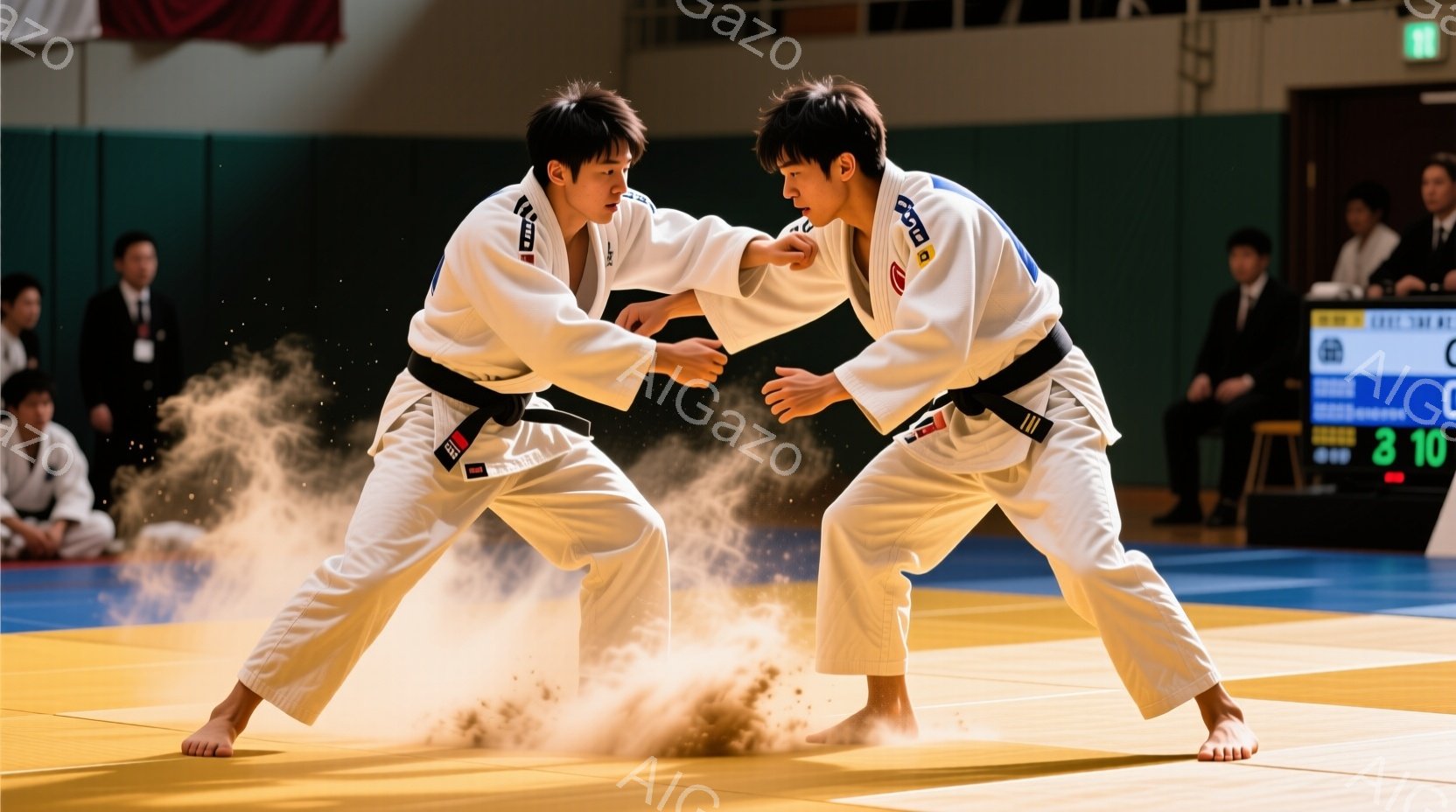 柔道着を着た二人の男性が、畳の上で激しい攻防を繰り広げており、足元には畳の砂が舞い上がっている。彼らはそれぞれ黒帯で、集中した表情で相手の体勢を崩そうとしている。背景には観客席とスコアボードが見え、競技場の熱気が伝わってくる。