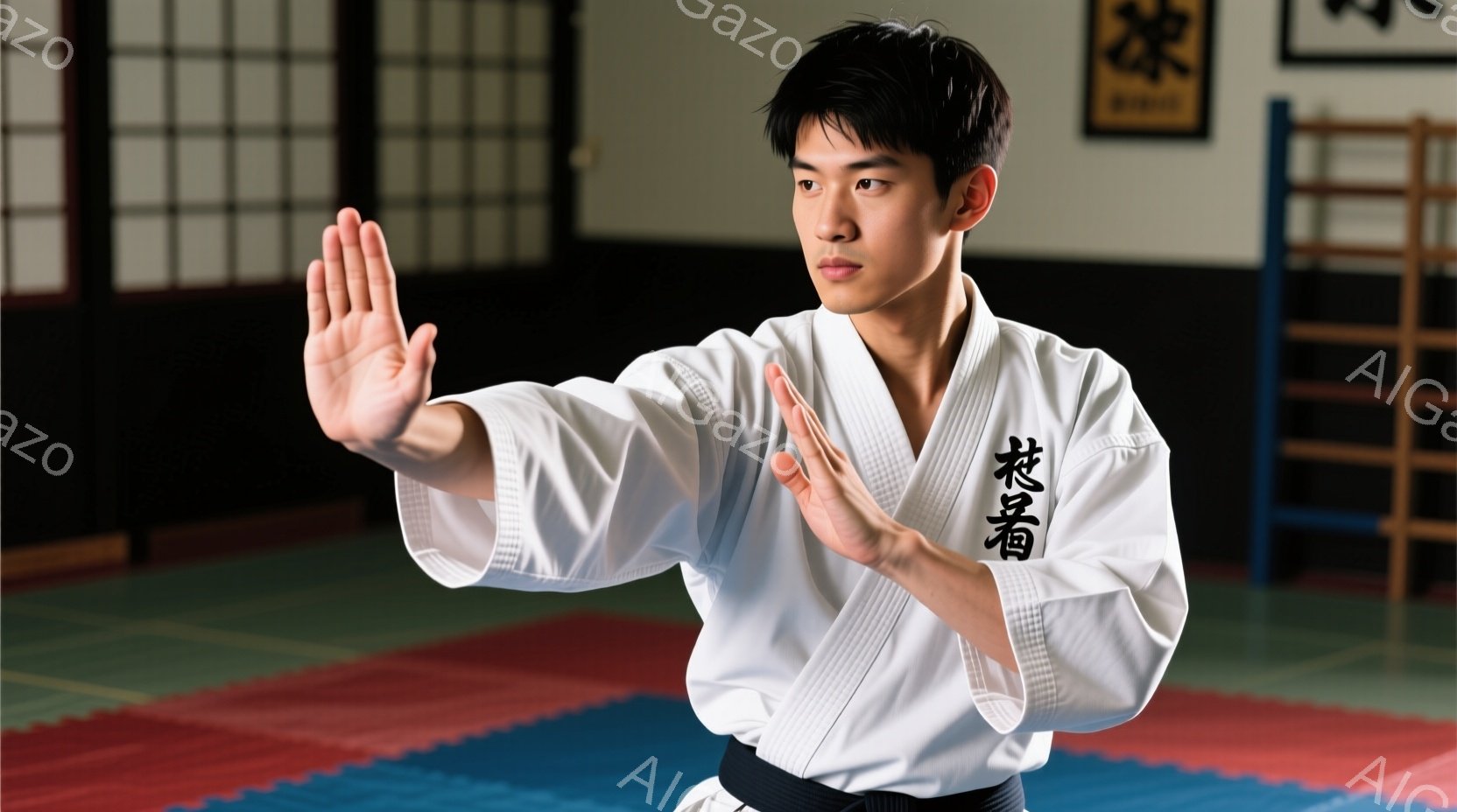 空手着を着た若い男性が、構えの姿勢で片手を伸ばしています。彼の髪型は短く、表情は真剣で集中しています。背景には、畳の床と壁に掛けられた書道作品が見え、道場の雰囲気が漂っています。