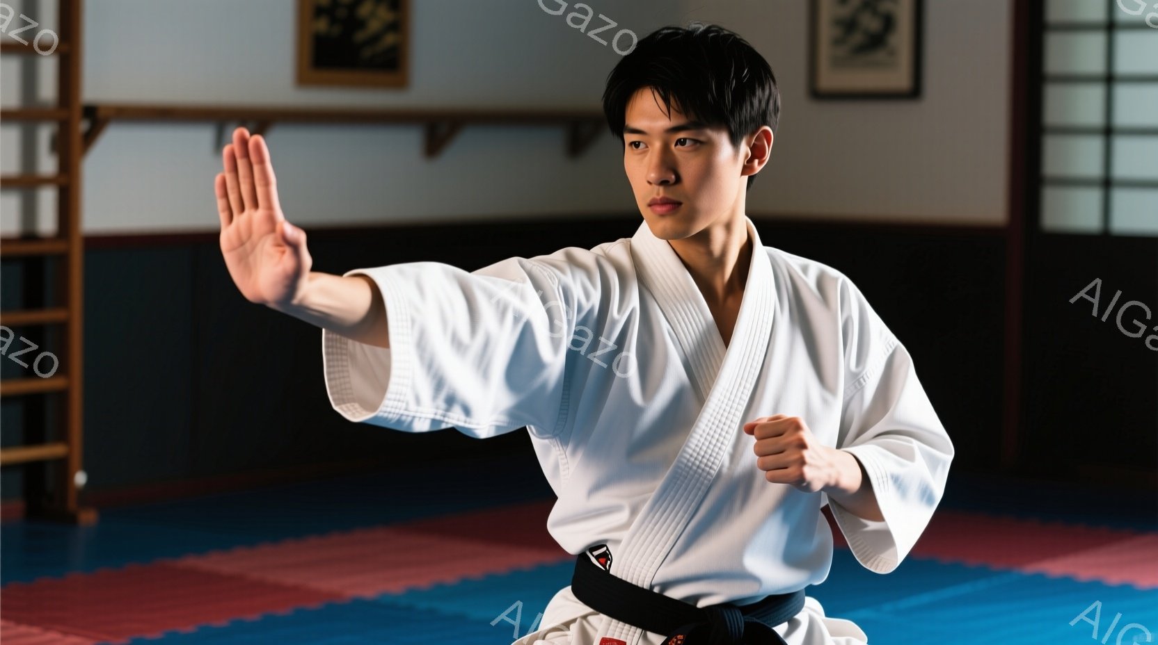 空手着を着た若い男性が、片手を前に伸ばし、構えをとっています。彼は黒帯を締めており、真剣な表情で一点を見つめています。背景には、武道場の畳と壁に掛けられた書道作品が見え、集中した静かな雰囲気が漂ってい - AI生成フリー素材