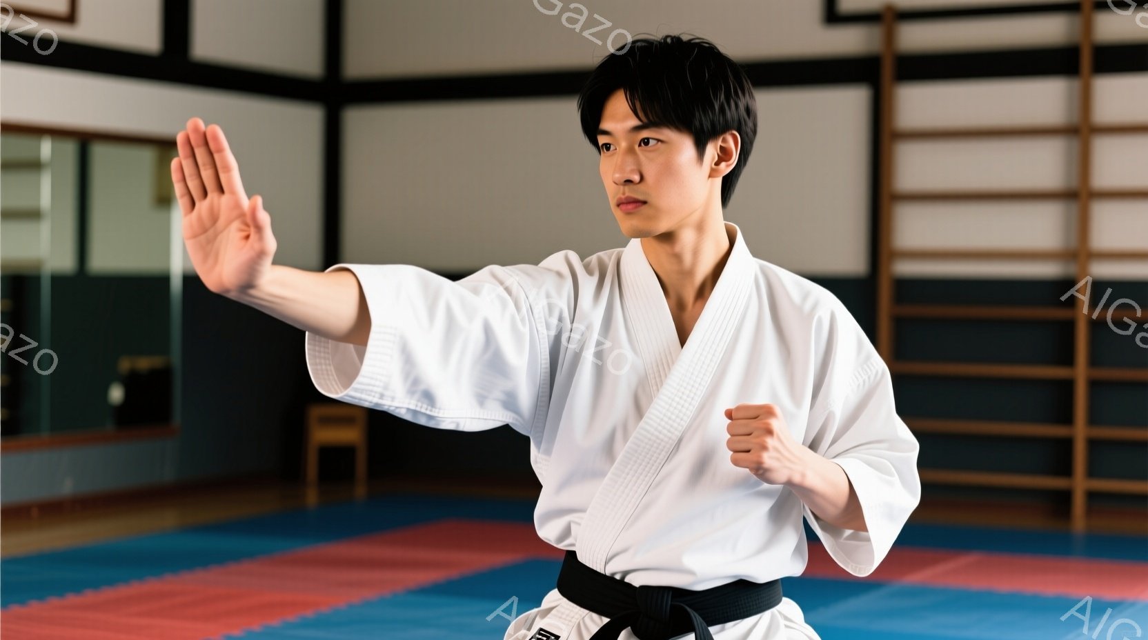 白い空手を着た男性が、左手を前に伸ばし、構えをとっています。彼は黒帯で、真剣な表情で正面を見ています。背景には、畳の武道場と鏡、そして鉄製のトレーニング器具が見え、集中した練習の雰囲気が漂っています。