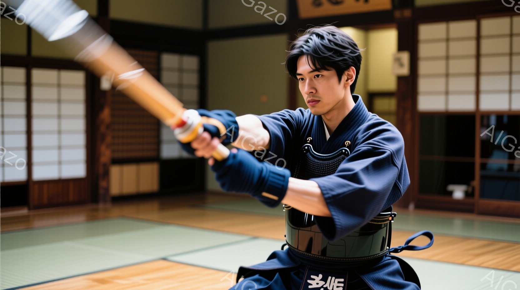 青年は剣道を練習しており、藍色の道着と防具を身につけています。彼は真剣な表情で構えを取り、竹刀を高く掲げています。畳敷きの部屋で、障子窓から光が差し込み、集中した雰囲気を作り出しています。