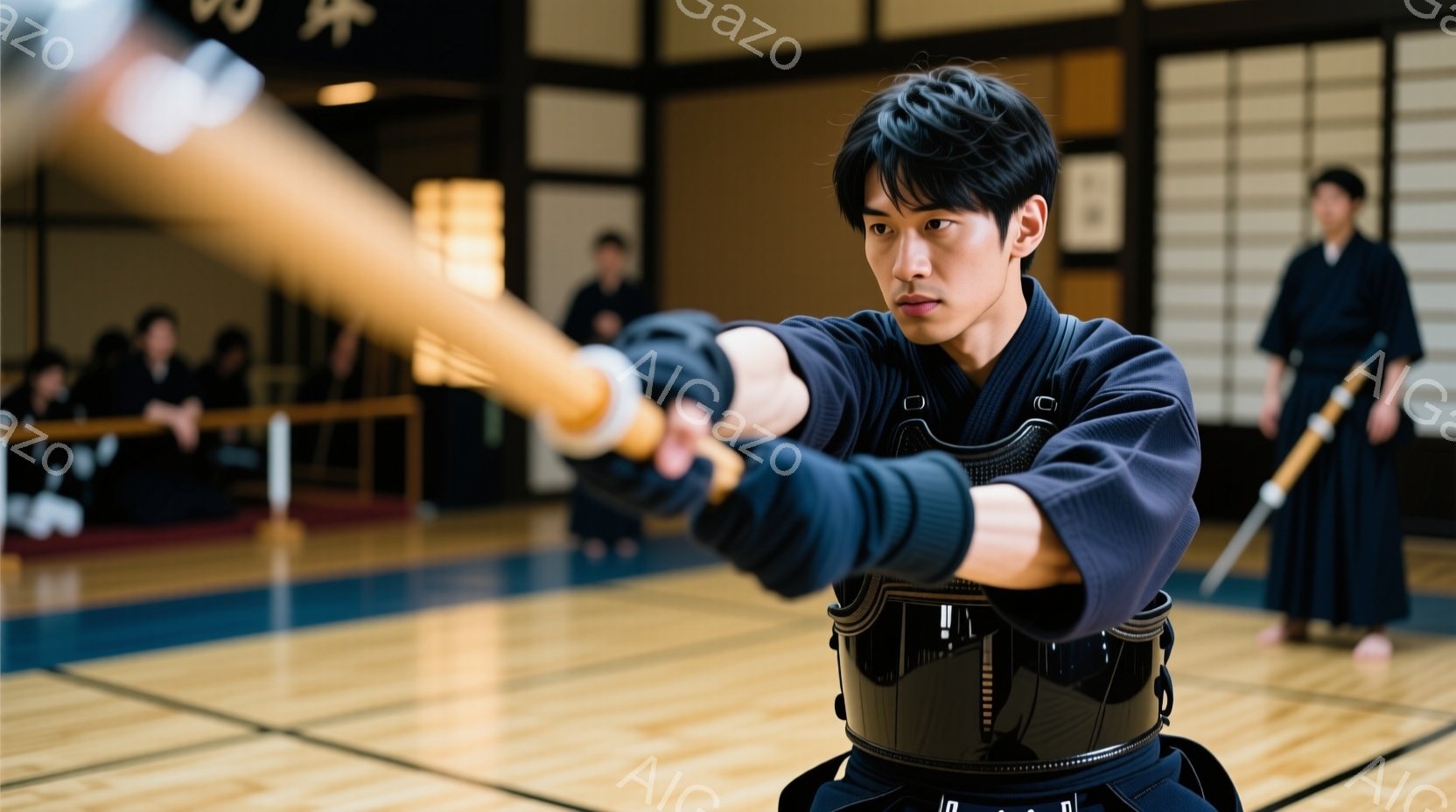 剣道着を着た若い男性が、竹刀を構えて攻撃の姿勢をとっている。彼の表情は真剣で集中しており、筋肉質な体格と黒い胴当てが印象的だ。背景には畳敷きの道場とぼやけた他の剣道着姿の人物が見え、全体的に緊張感と集中を帯びた雰囲気が漂っている。