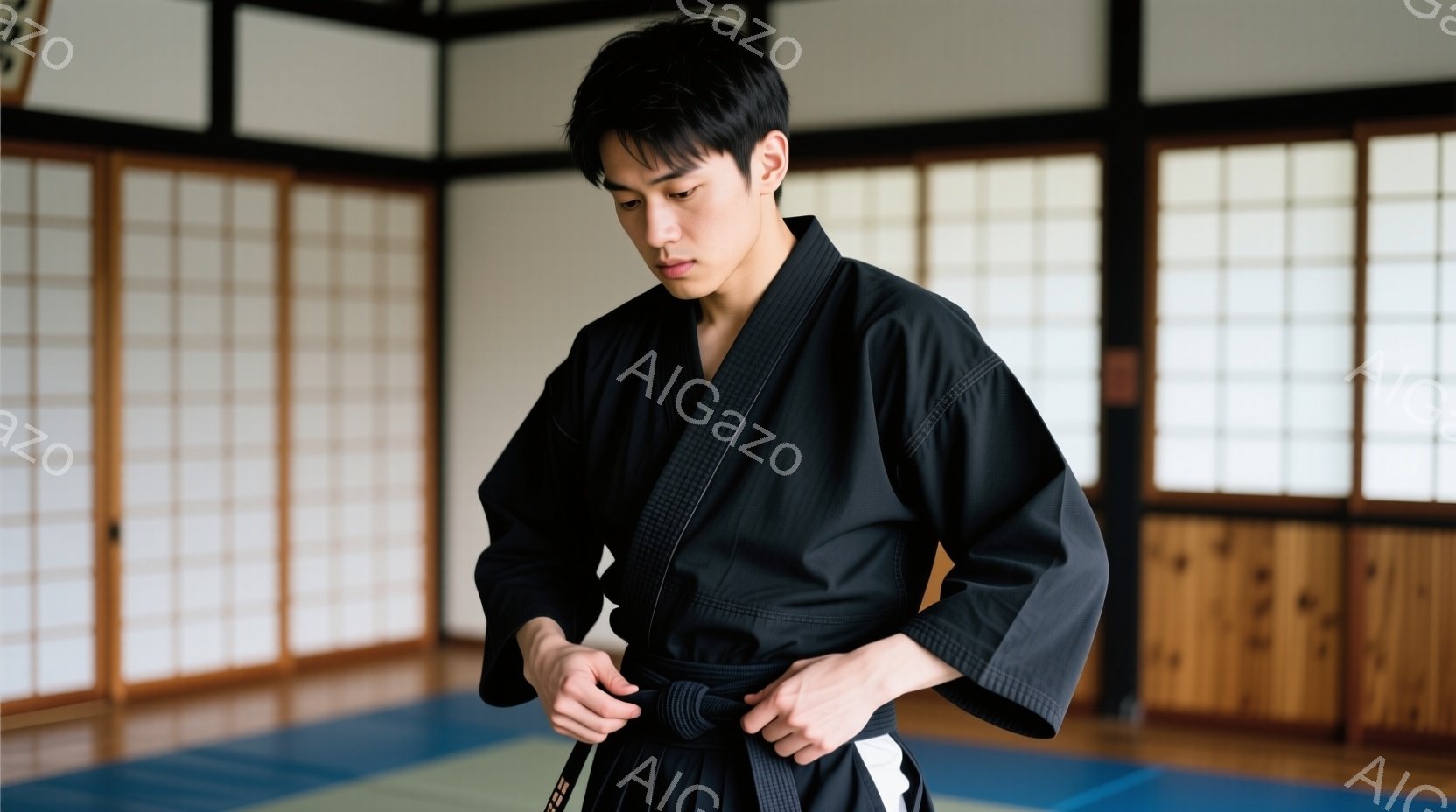 黒い柔道着に身を包んだ若い男性が、帯を結び直している様子が描かれています。彼は少し前かがみの姿勢で集中した表情をしており、真剣な眼差しは武道への情熱を感じさせます。背景には畳敷きの部屋が広がり、障子戸を通して柔らかな光が差し込み、静かで落ち着いた雰囲気を醸し出しています。