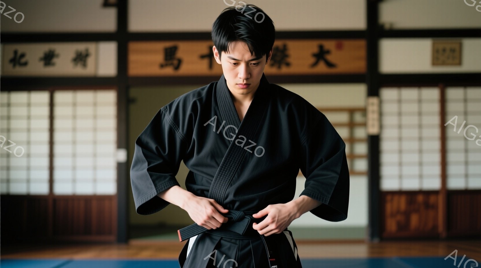 黒い柔道着を着用した若い男性が、自身の帯を結び直している姿が描かれています。彼は真剣な表情で集中しており、姿勢はまっすぐで、武道の鍛錬に励んでいる様子が伺えます。背景には畳敷きの道場があり、壁には漢字 - AI生成フリー素材