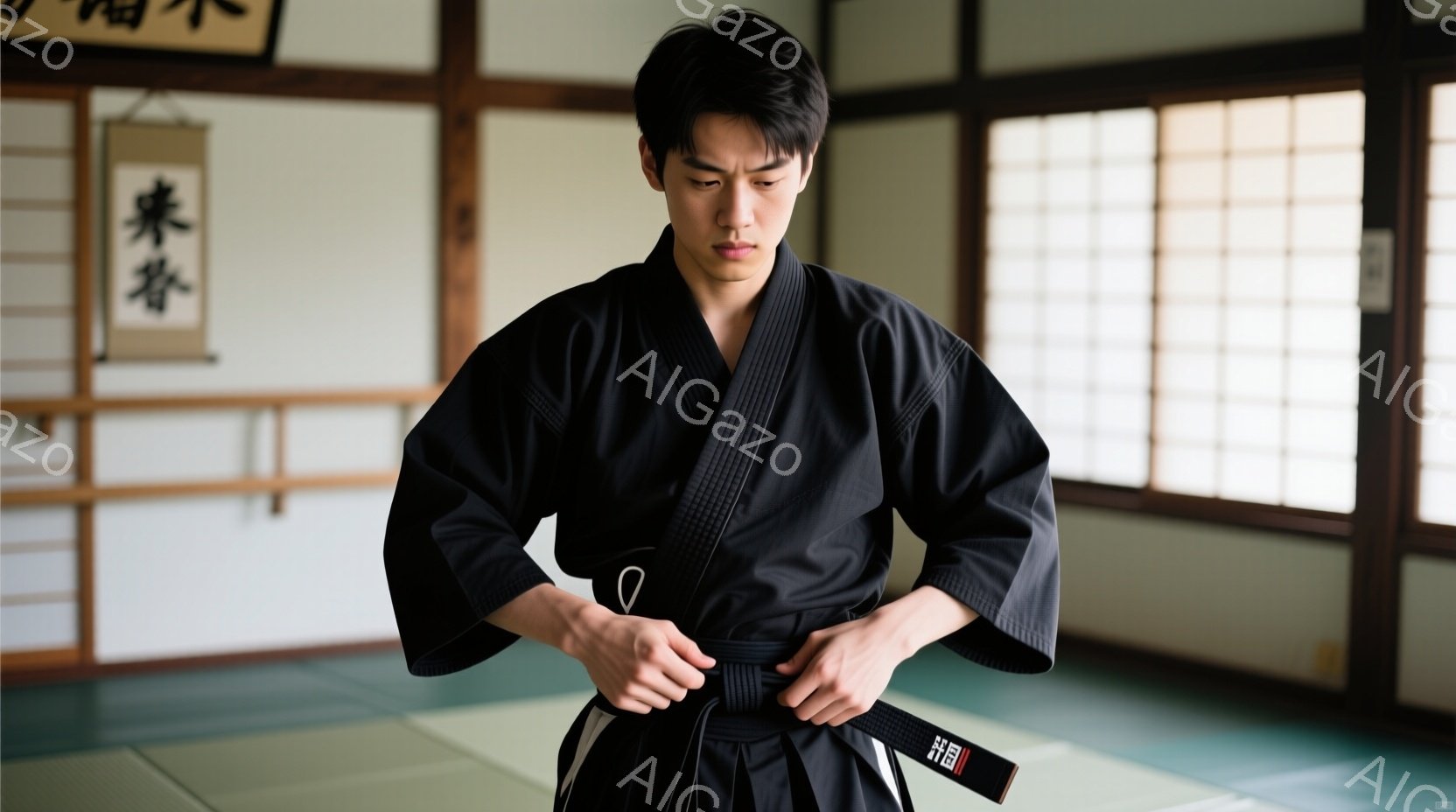 黒帯を締めている若い男性が写っている。彼は濃い色の柔道着（または空手着）を着ており、黒髪を短く整えている。背景は畳の敷かれた道場のような部屋で、壁には書道のような掛け軸が飾られている。
