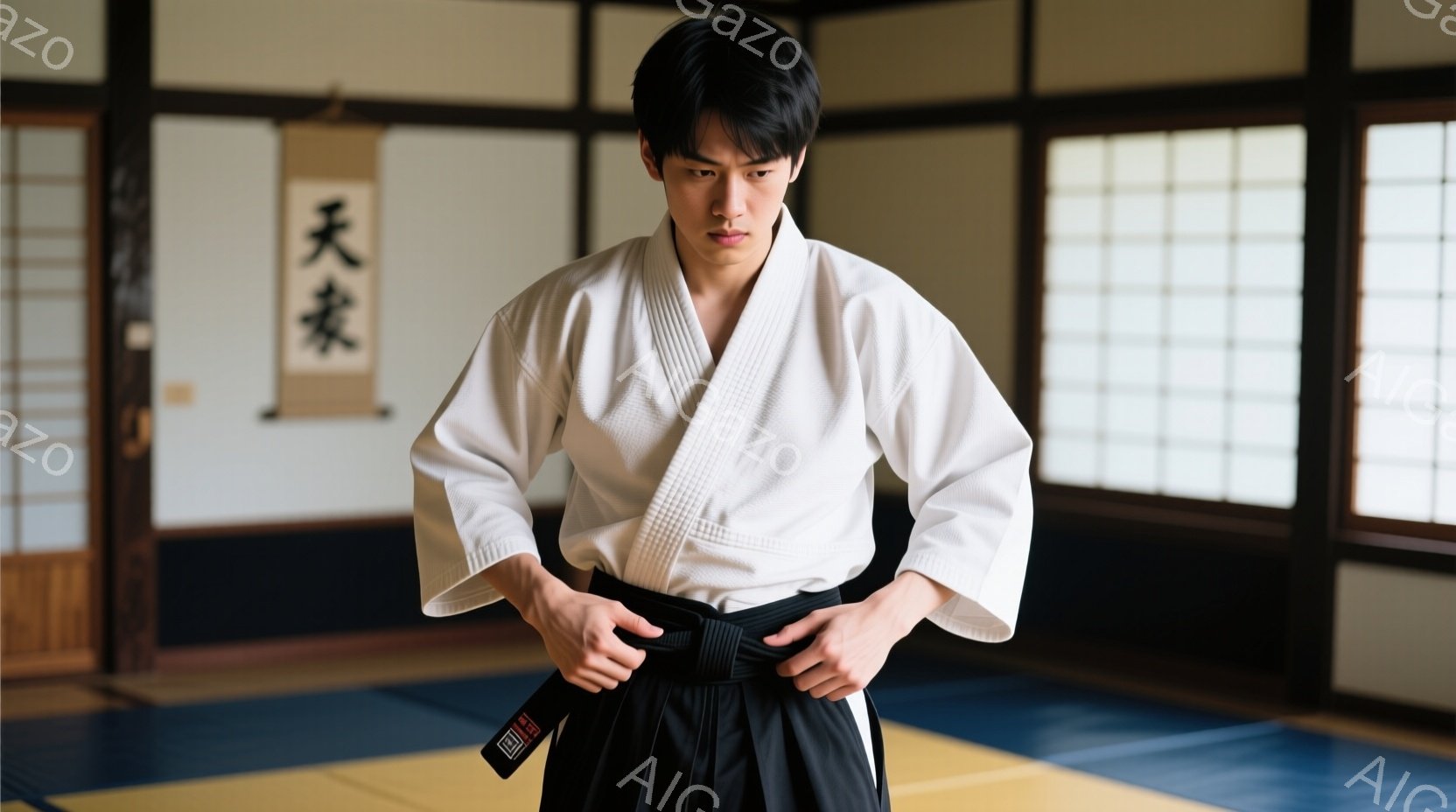 白い柔道着に黒帯を締めている若い男性が写っている。彼は真剣な表情で、帯をしっかりと結ぶ動作をしている。背景は畳敷きの柔道場であり、壁には書道作品が掛けられており、厳かで落ち着いた雰囲気である。