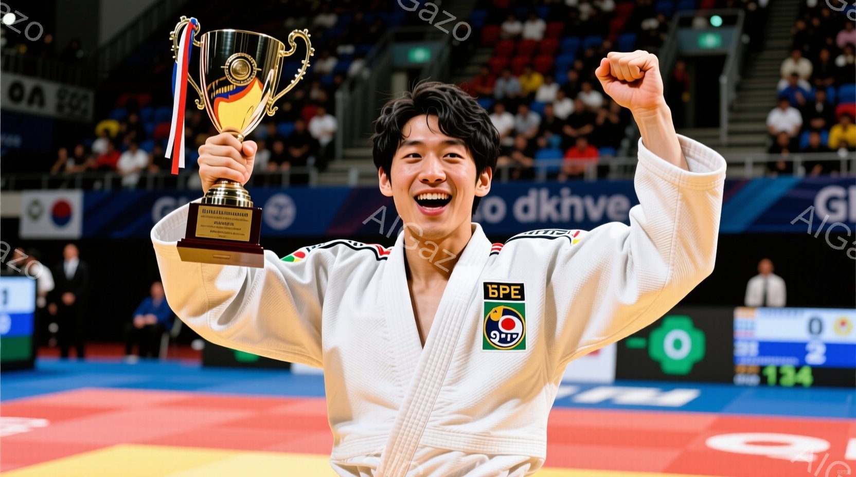 柔道着を着た若い男性が、トロフィーを高く掲げて満面の笑みを浮かべている。彼は黒髪で、顔には喜びと達成感が溢れており、競技場で勝利を祝っている様子が伝わる。背景には観客席が見え、競技場の照明が明るく照ら - AI生成フリー素材