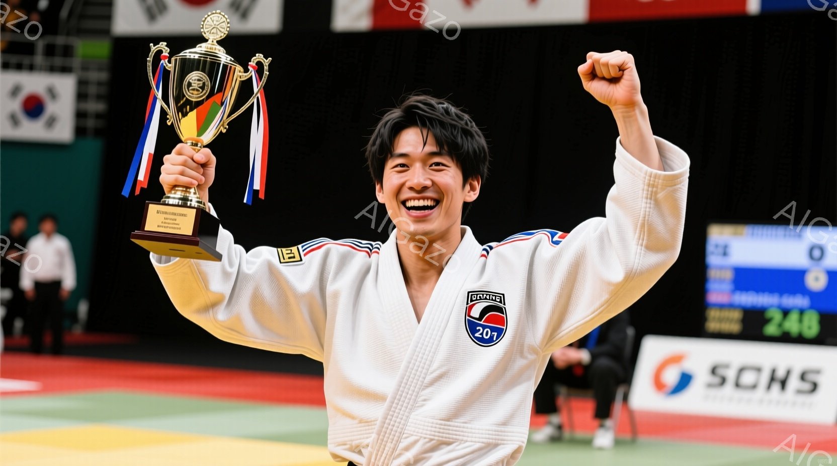 柔道着を着た若い男性が、トロフィーを高く掲げて喜びの表情を浮かべている。背景には柔道の試合会場と思しきマットと観客席が見え、競技場のスコアボードや韓国国旗も確認できる。明るい照明と鮮やかな色の対比が、勝利の瞬間を強調し、活気あふれる雰囲気を醸し出している。