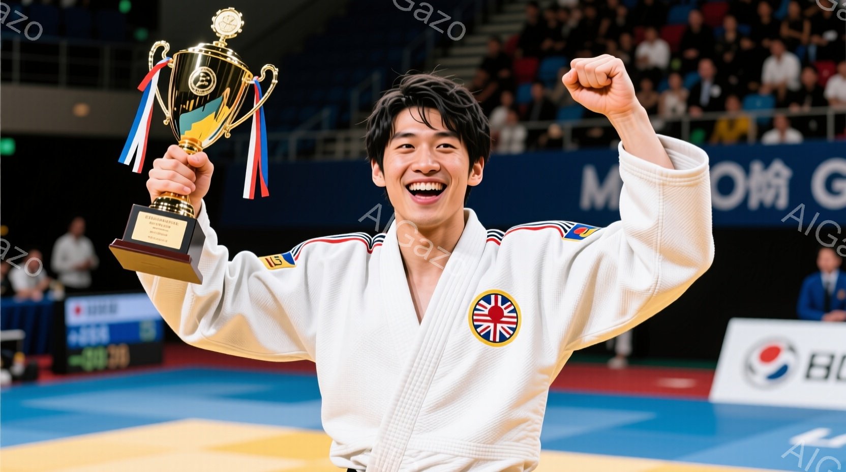 柔道着姿の若い男性が、片手を高く上げて優勝トロフィーを掲げています。彼は明るい笑顔で、喜びと達成感に満ちた表情をしています。背景には柔道場と思しき会場と観客席が見え、熱狂的な雰囲気が伝わってきます。