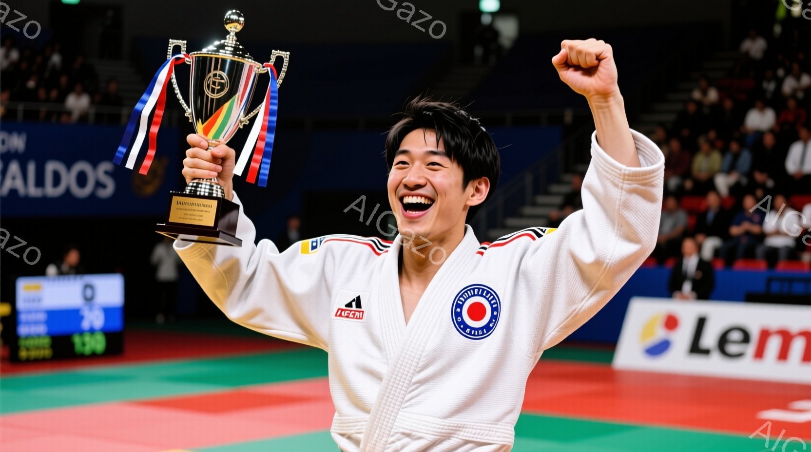 水泳キャップとゴーグルを着用した若い女性が、水中でカメラに向かって満面の笑みを浮かべている。彼女の黒髪は濡れており、顔には水滴が輝いている。背景には、青い水面とわずかに見える白いデッキチェアや建物があ - AI生成フリー素材