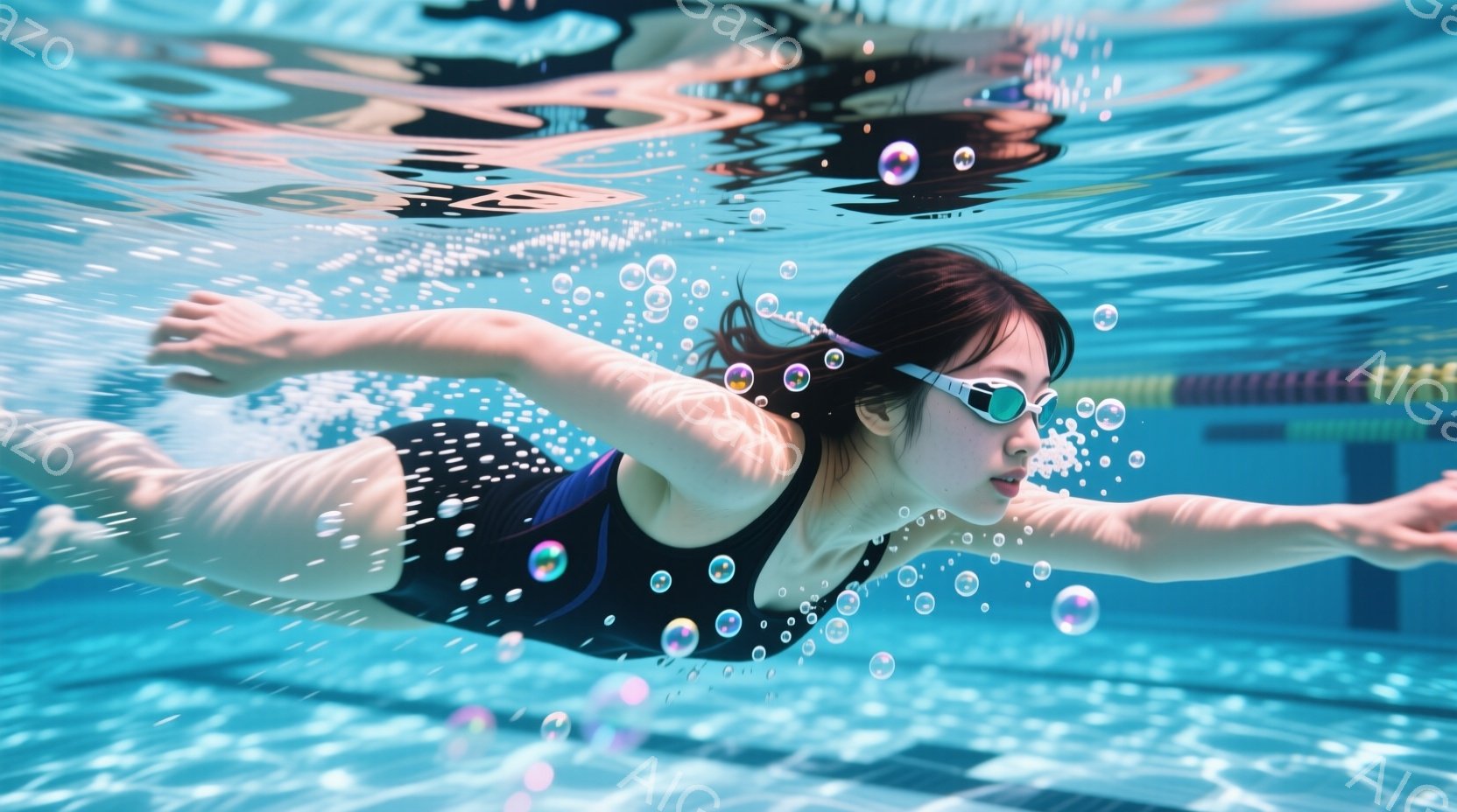 水泳選手が水中でクロール泳法で泳いでいる様子が写っている。彼女は黒地に白の水玉模様の競泳用水着を着用し、ゴーグルをかけている。背景はプールの水面で、水しぶきや泡が漂い、躍動感のある雰囲気を演出している - AI生成フリー素材