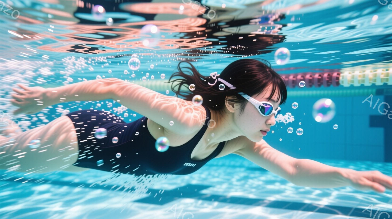 水泳選手が水中でクロール泳法で泳いでいる様子が捉えられています。彼女は黒いスイムスーツとゴーグルを着用し、髪は濡れて顔にかかっていますが、集中した表情で前を見据えています。背景には水中の光の反射と、ぼやけたプールの壁が見え、活気と躍動感のある雰囲気です。