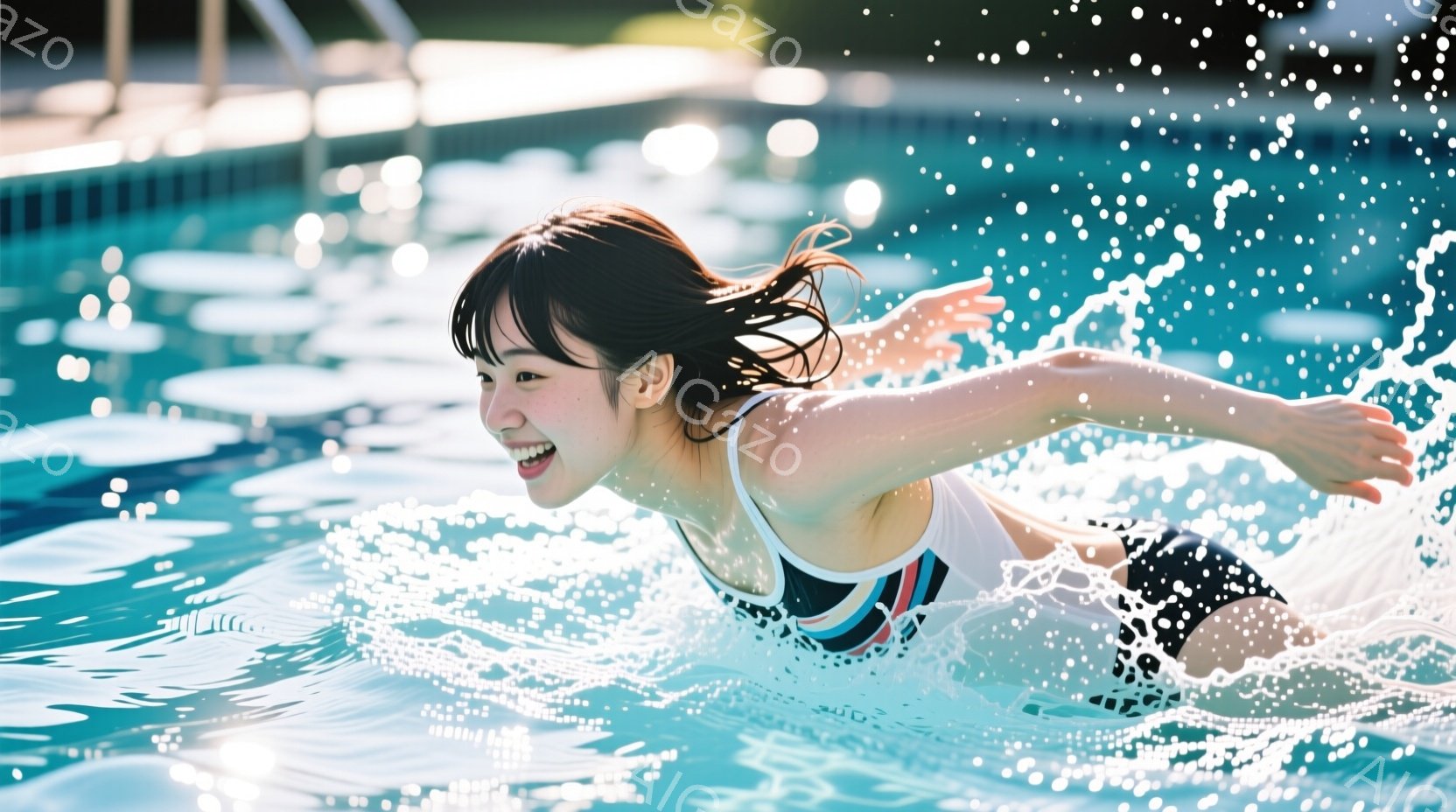 水泳場で女性がクロール泳法で泳いでいる様子が写っている。彼女は黒い水着に白と赤のラインが入ったトップを着用し、濡れた髪は後ろでまとめており、笑顔で前を見ている。背景には水面の反射とプールのタイルが見え - AI生成フリー素材