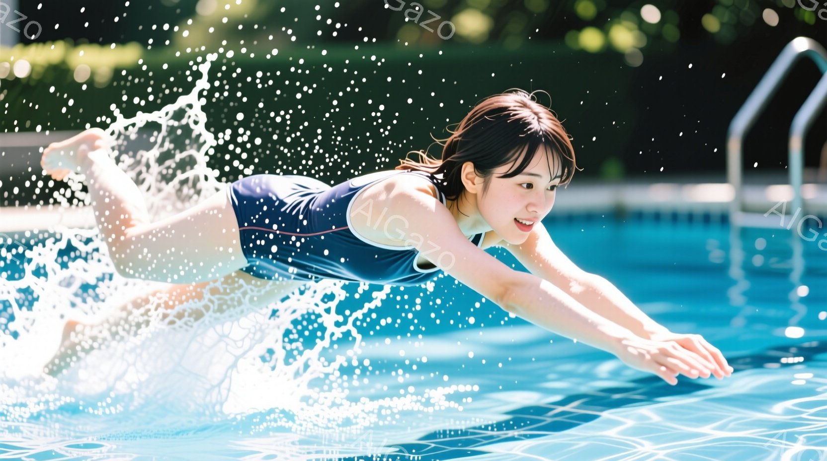 水色のプールの水面で、女性がクロールで泳いでいる様子が捉えられています。彼女は濃い青色の水着を着ており、肩まで届く茶色の髪を後ろで束ねています。笑顔で前を見つめ、腕を大きく広げ、水しぶきが飛び散る躍動感のある瞬間が切り取られています。