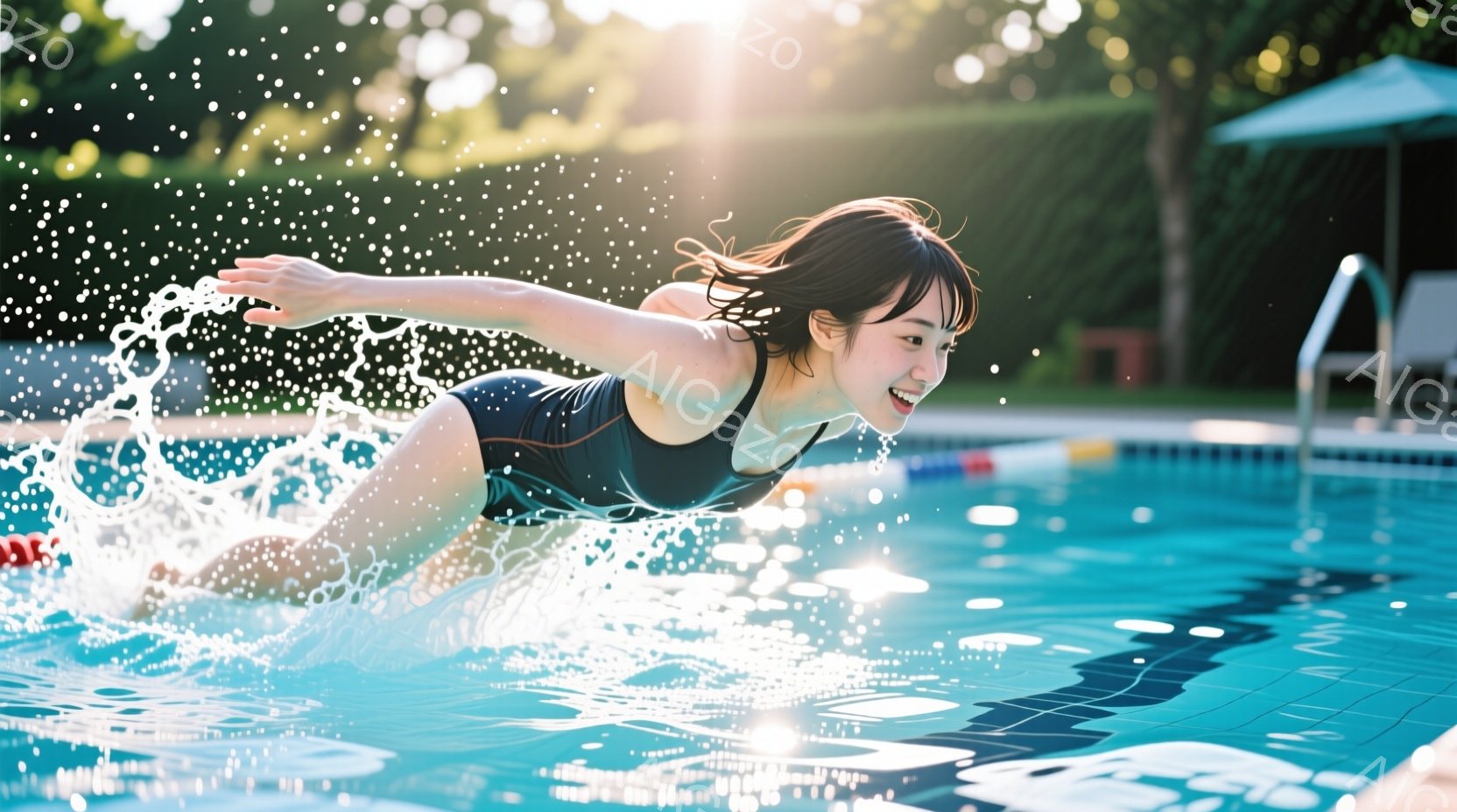 水泳帽をつけた女性が、青いプールの水面をクロールで泳いでいる。彼女は黒い水着を着ており、顔には明るい笑顔が見える。背景には緑豊かな木々や建物があり、晴れた日の屋外プールでリラックスした雰囲気が漂ってい - AI生成フリー素材