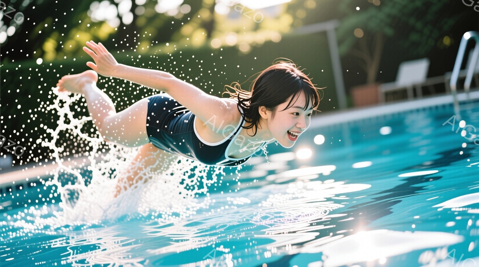 水泳選手が競泳プールでクロール泳法で泳いでいる様子が捉えられています。彼女は濃い色の水着とキャップを着用し、ゴーグルをかけており、顔には強い意志と集中力が表れています。水しぶきが飛び散り、競技の激しさと躍動感を強調しています。