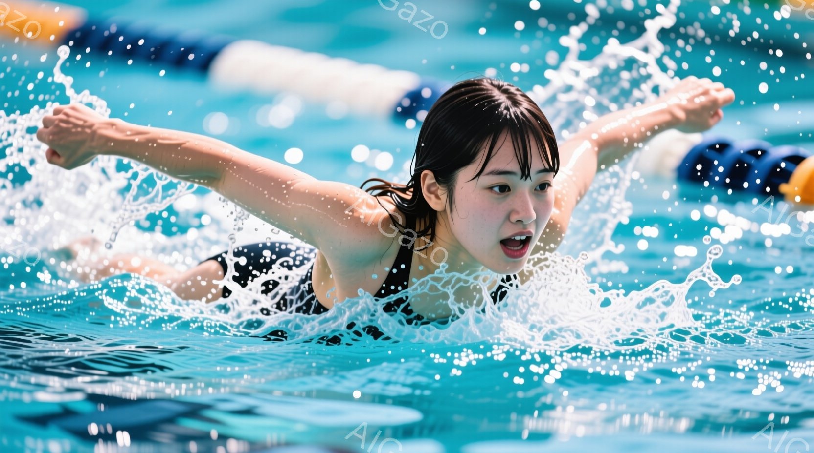 水泳場でクロール泳法で泳いでいる女性が写っています。彼女は黒い水着を着ており、濡れた髪は後ろでまとめています。顔は前方を向き、口を開けていることから、力強く泳いでいる様子が伺えます。