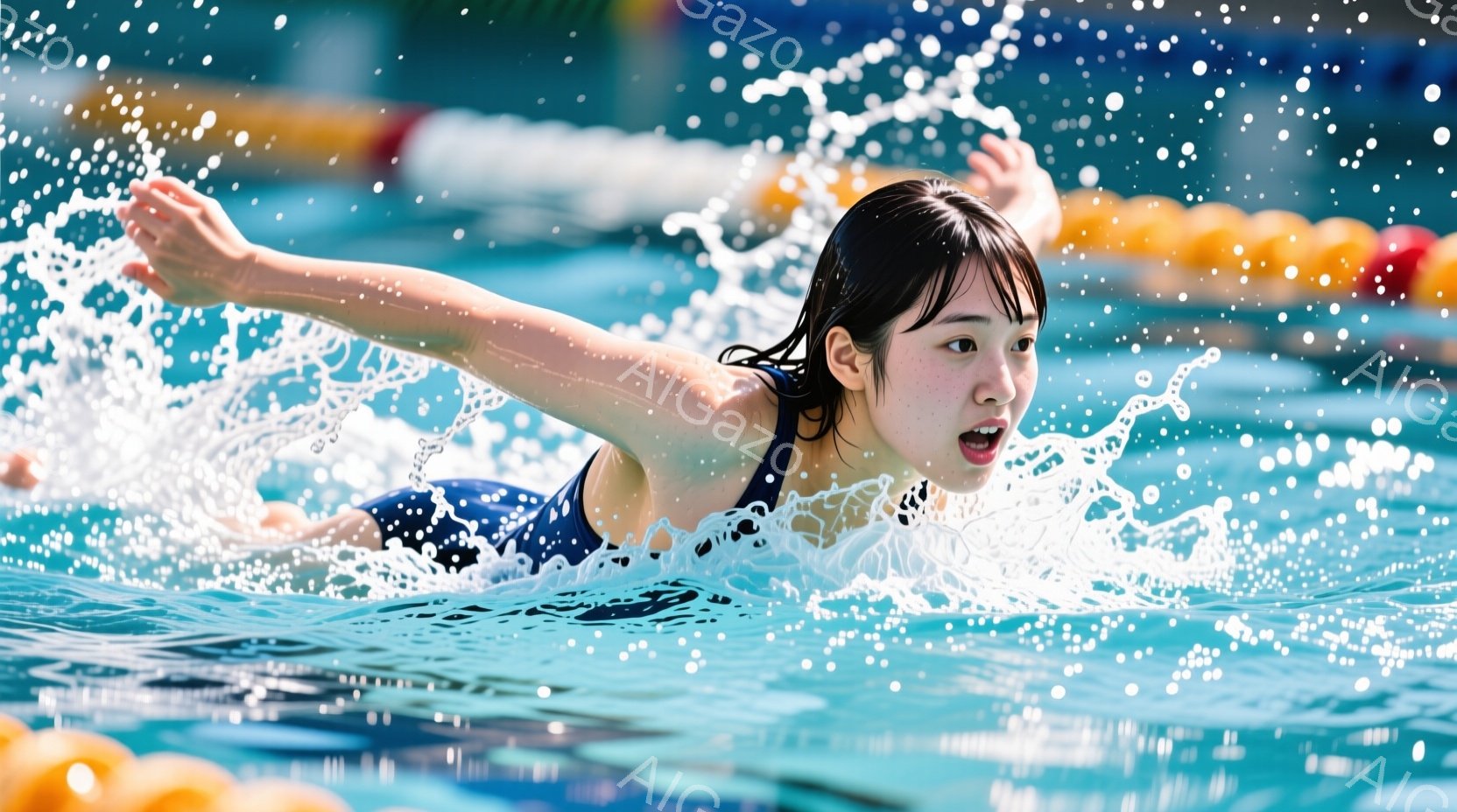 水泳競技中の女性が写っている。彼女は濃い青色の水着を着用し、黒髪を後ろで束ねている。顔には水しぶきがかかりながらも、真剣な表情で前進しており、力強く腕を広げ、バタフライ泳ぎをしている様子がうかがえる。